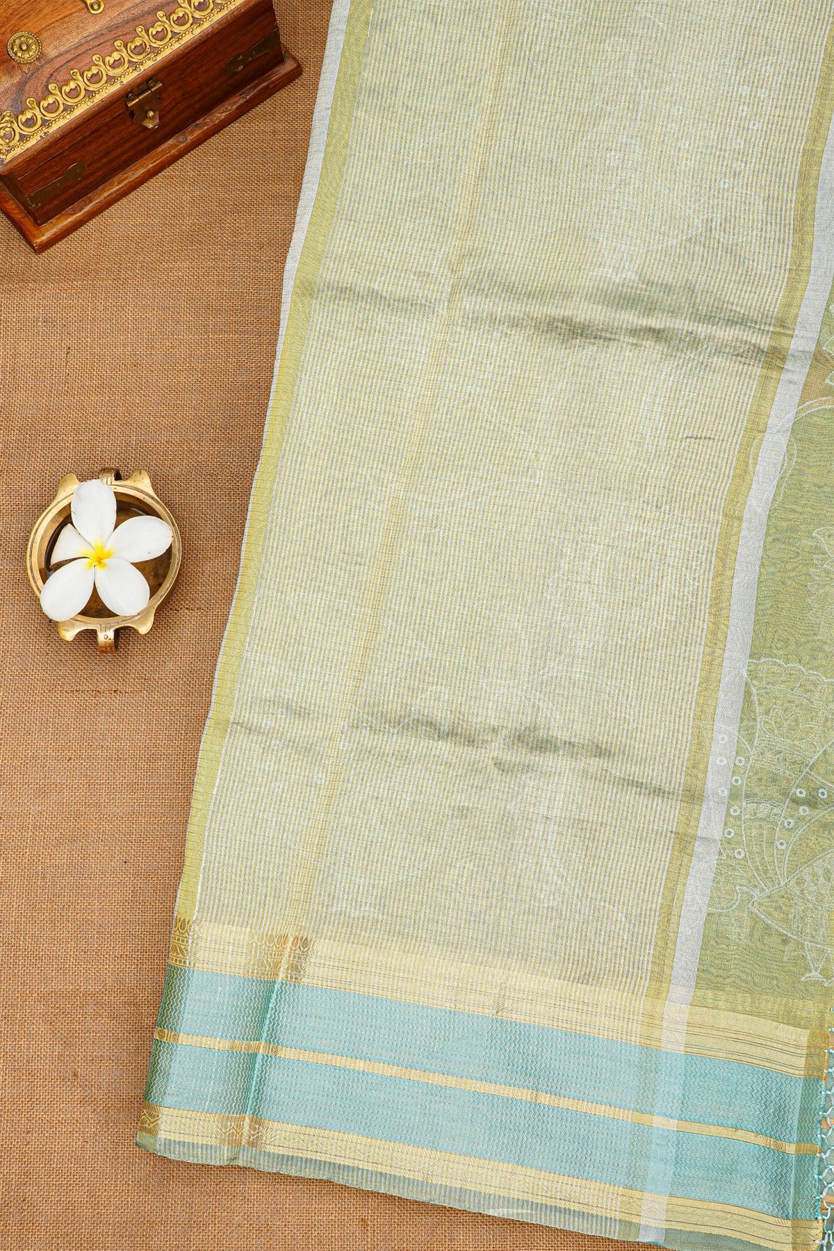 Fancy Kora Sage Green Saree With Florals And Peacocks In Thread Work Body And Contrast Zig-Zag Lines Border And Zari Lines Pallu