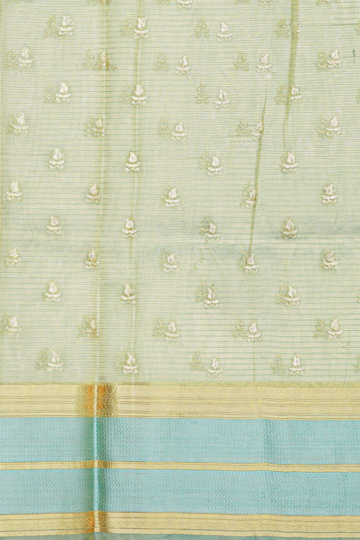 Fancy Kora Sage Green Saree With Florals And Peacocks In Thread Work Body And Contrast Zig-Zag Lines Border And Zari Lines Pallu