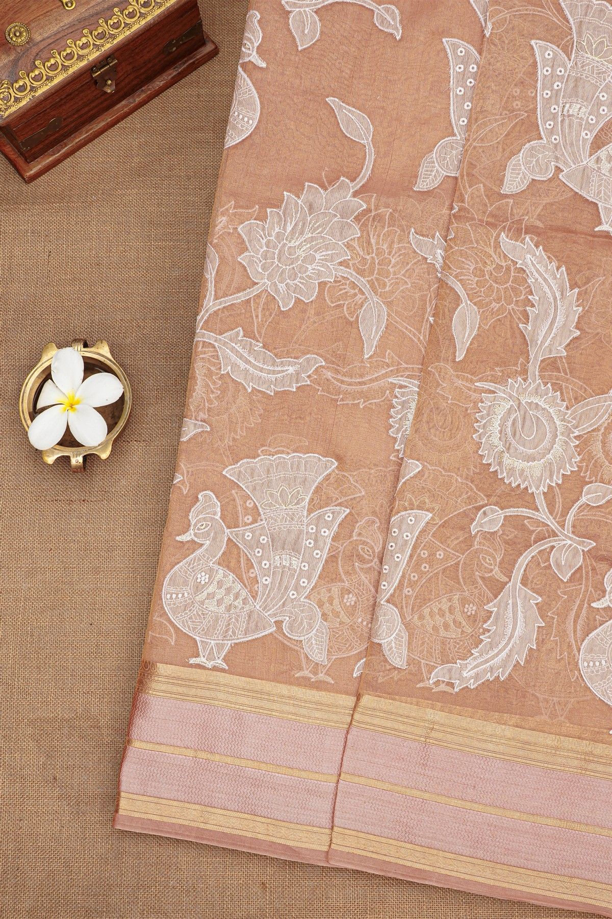 Fancy Kora Peach Saree With Florals And Peacocks In Thread Work Body And Self Zig-Zag Lines Border And Zari Lines Pallu