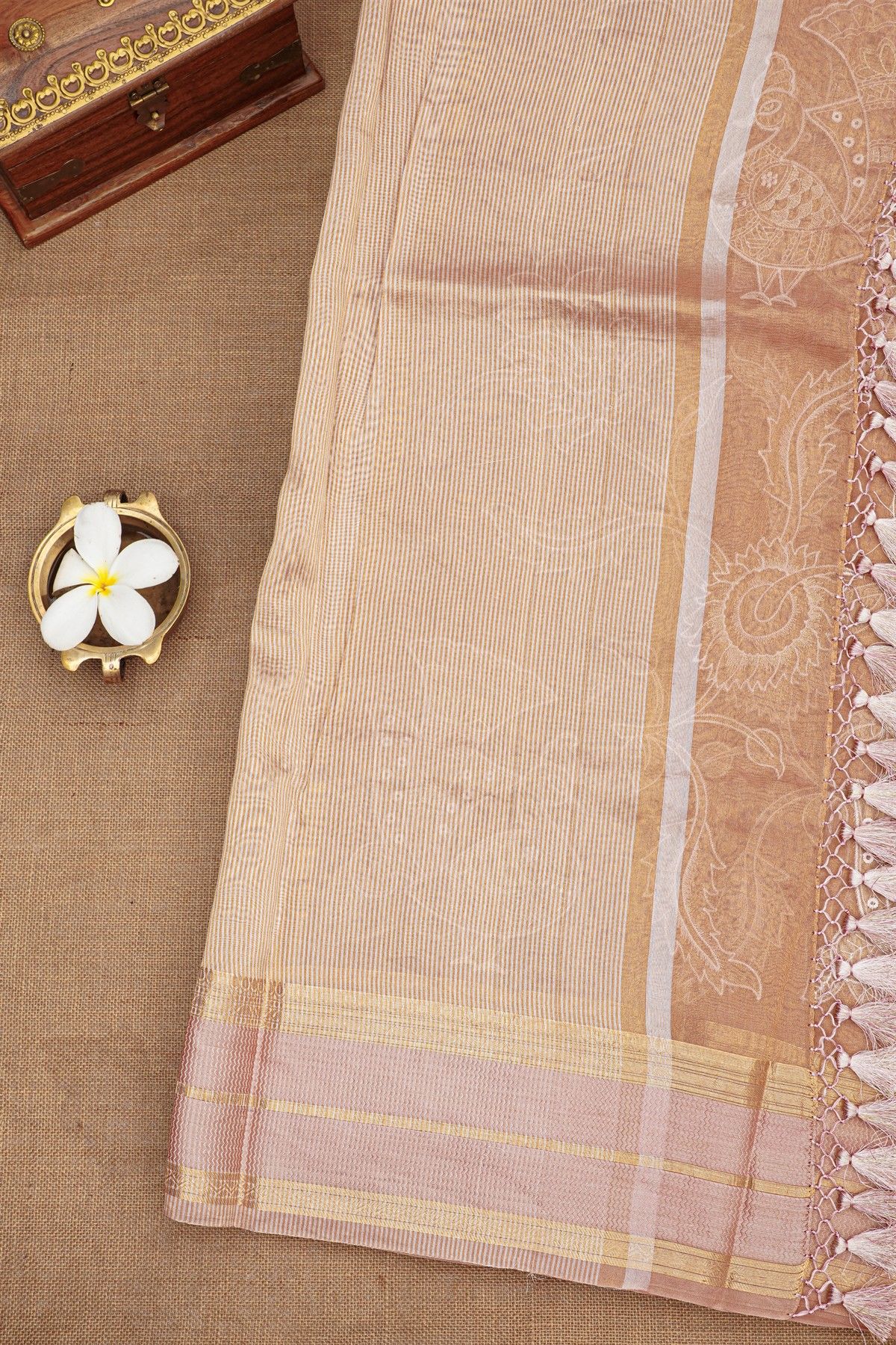 Fancy Kora Peach Saree With Florals And Peacocks In Thread Work Body And Self Zig-Zag Lines Border And Zari Lines Pallu