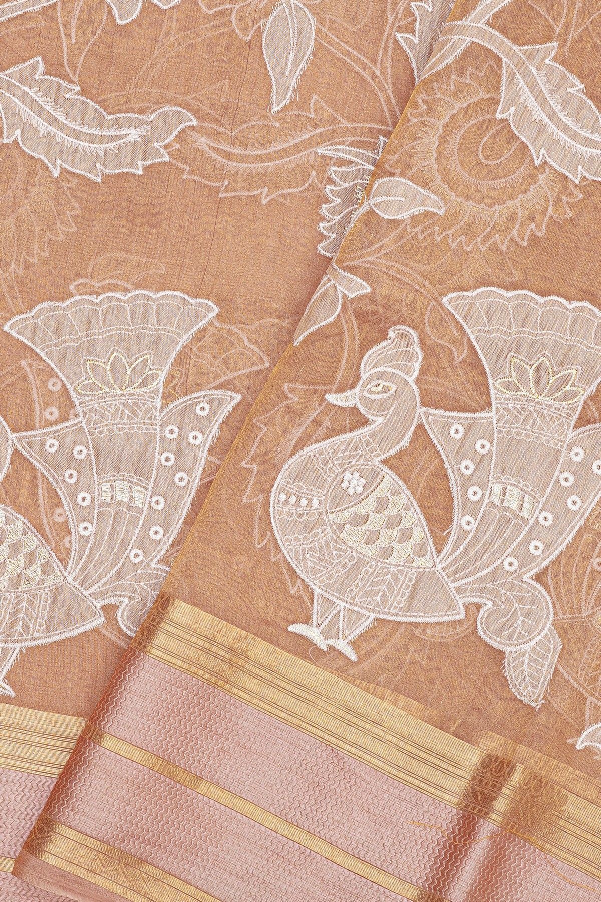 Fancy Kora Peach Saree With Florals And Peacocks In Thread Work Body And Self Zig-Zag Lines Border And Zari Lines Pallu
