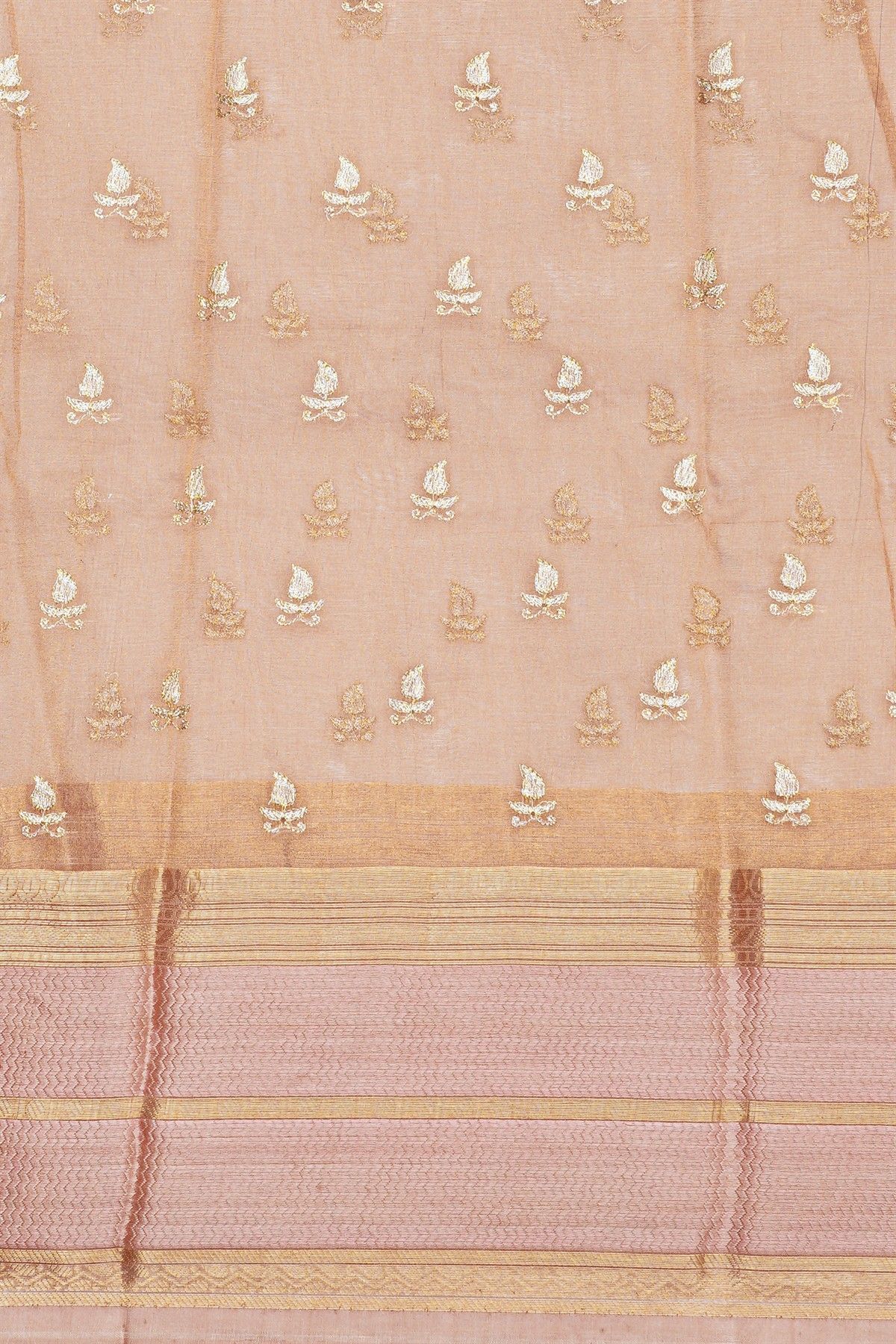 Fancy Kora Peach Saree With Florals And Peacocks In Thread Work Body And Self Zig-Zag Lines Border And Zari Lines Pallu