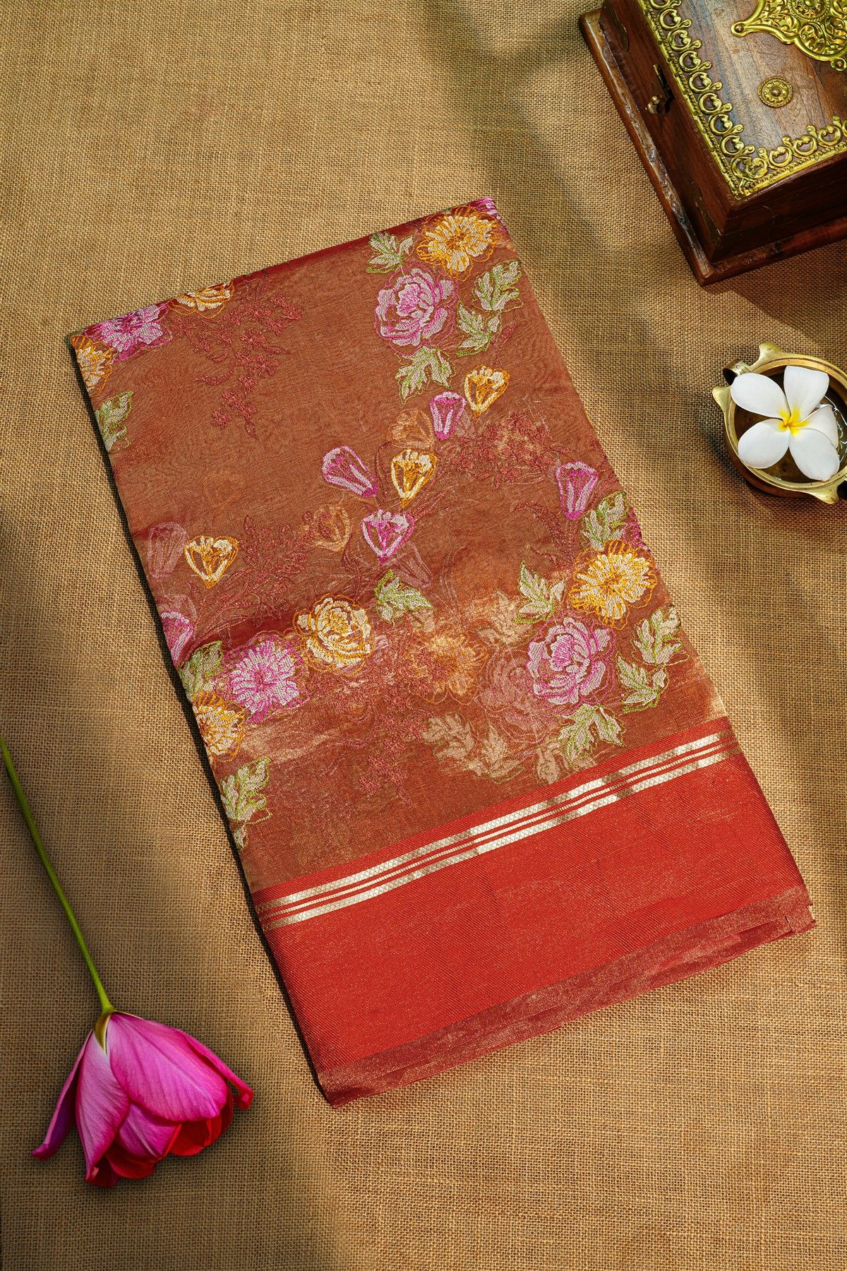 Fancy Kora Light Brown Saree With Florals And Leaves In Thread Work Body And Contrast Cross Lines Border And Zari Lines Pallu