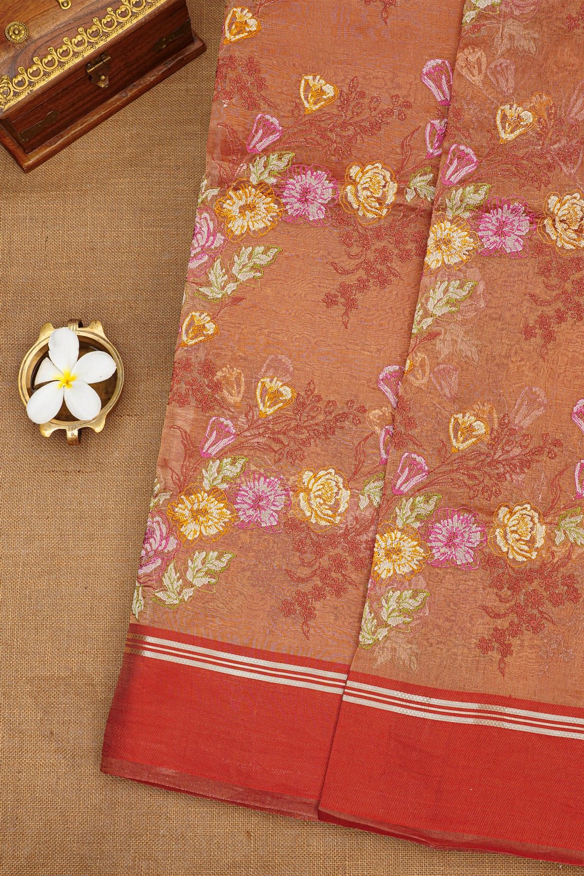 Fancy Kora Light Brown Saree With Florals And Leaves In Thread Work Body And Contrast Cross Lines Border And Zari Lines Pallu