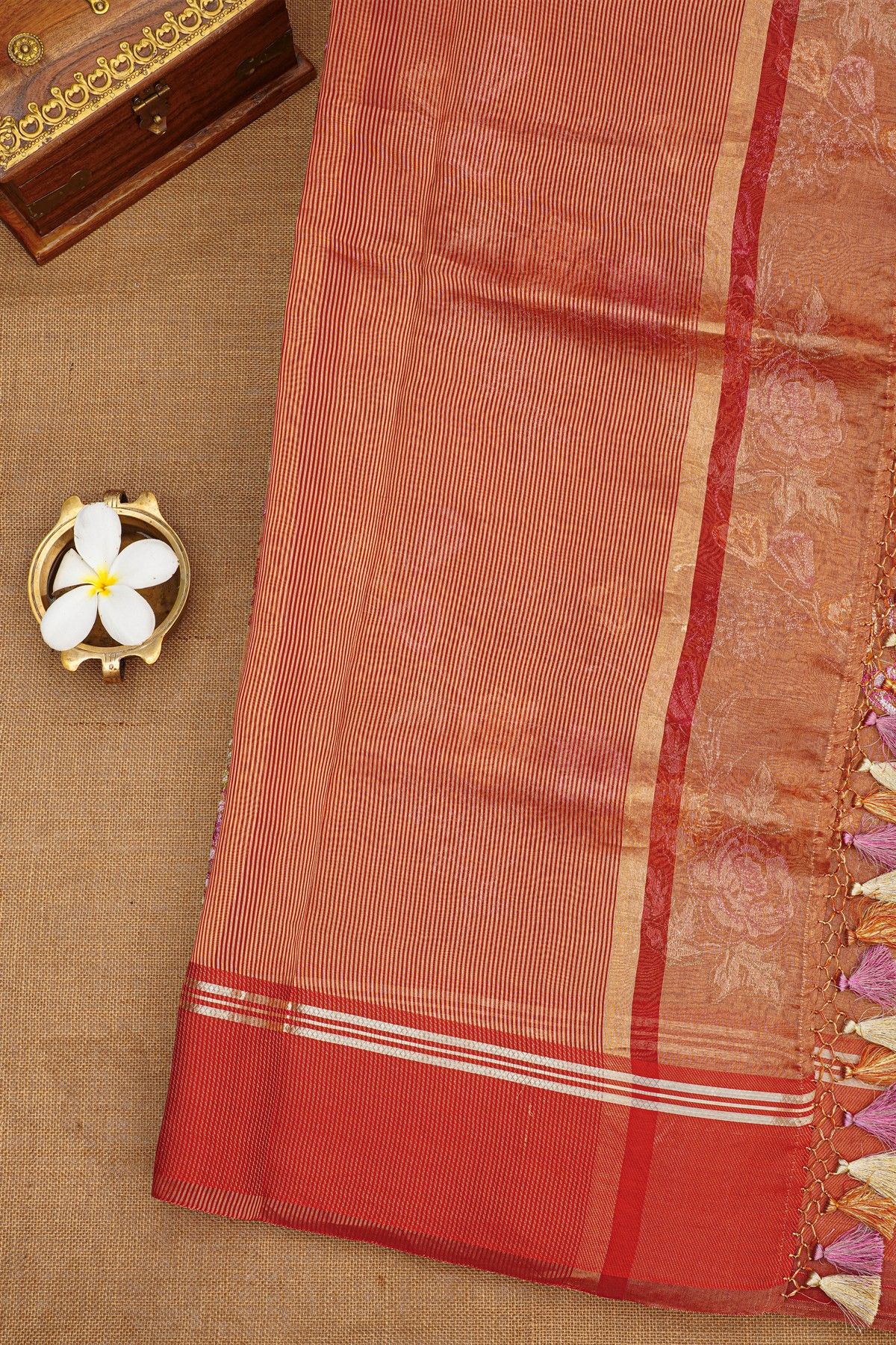 Fancy Kora Light Brown Saree With Florals And Leaves In Thread Work Body And Contrast Cross Lines Border And Zari Lines Pallu