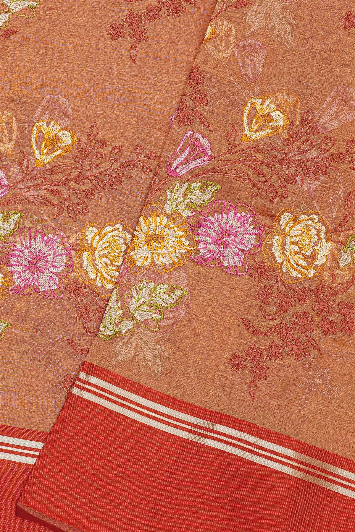 Fancy Kora Light Brown Saree With Florals And Leaves In Thread Work Body And Contrast Cross Lines Border And Zari Lines Pallu