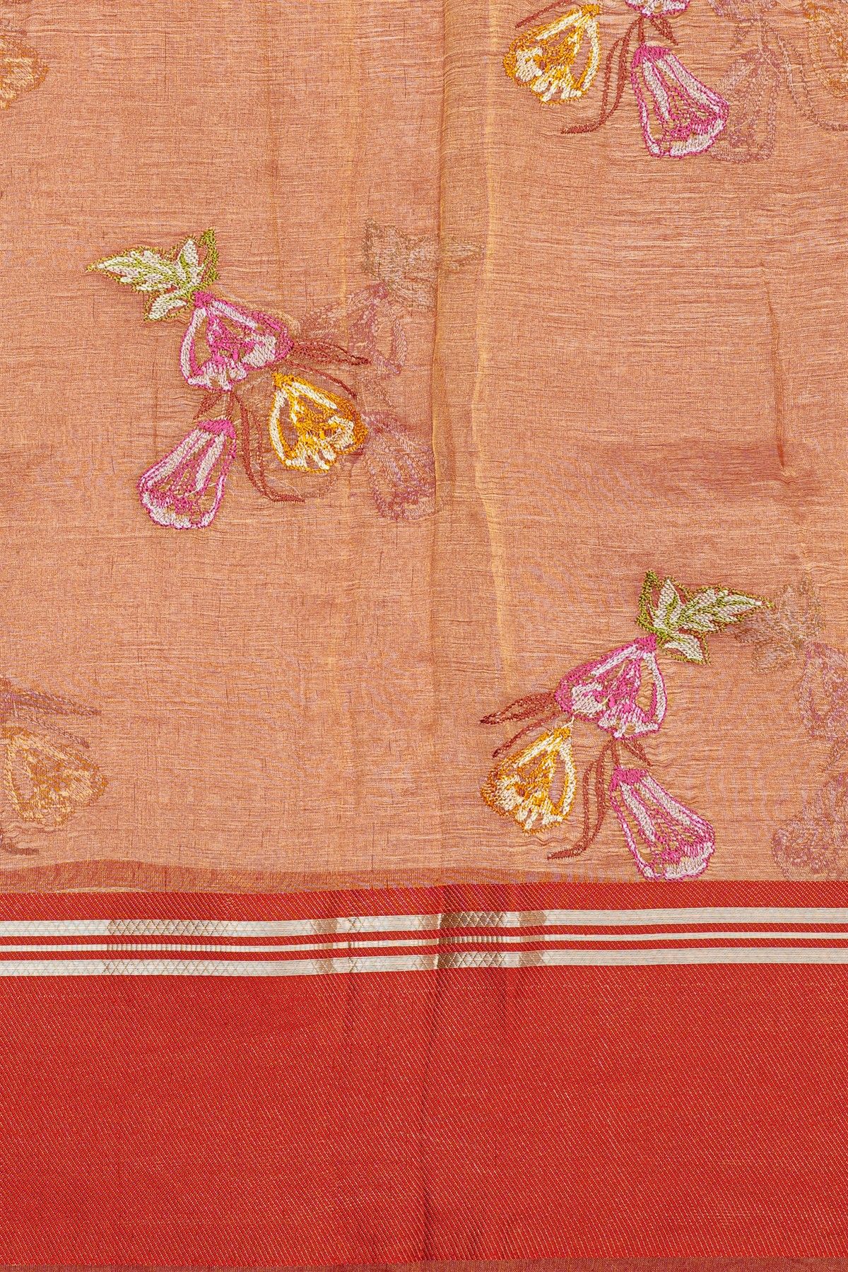 Fancy Kora Light Brown Saree With Florals And Leaves In Thread Work Body And Contrast Cross Lines Border And Zari Lines Pallu