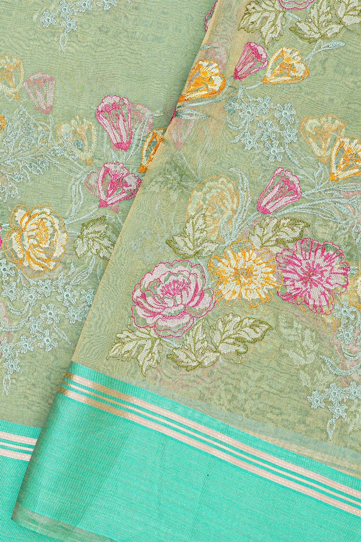 Fancy Kora Dual Colour Saree With Florals And Leaves In Thread Work Body And Contrast Cross Lines Border