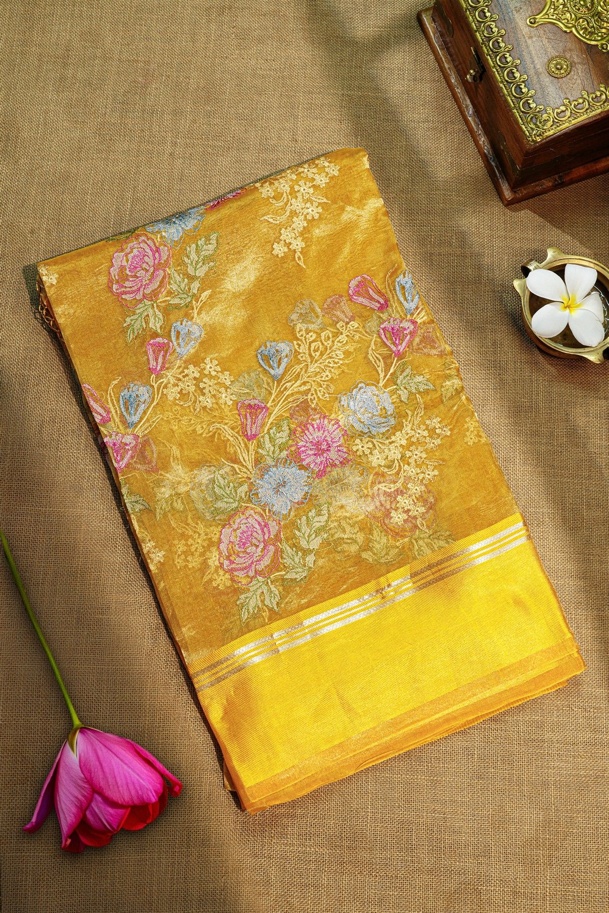Fancy Kora Yellow Saree With Florals And Leaves In Thread Work Body And Self Cross Lines Border
