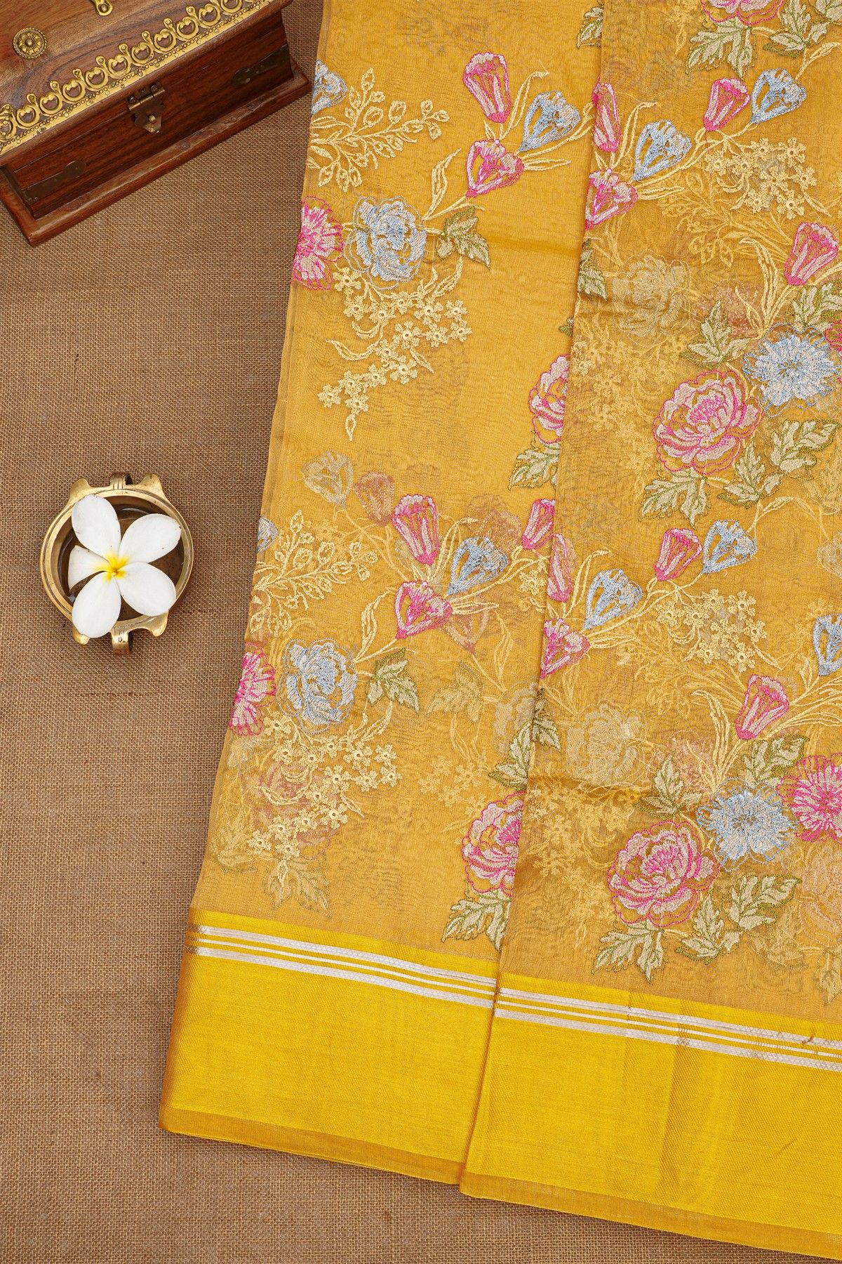 Fancy Kora Yellow Saree With Florals And Leaves In Thread Work Body And Self Cross Lines Border