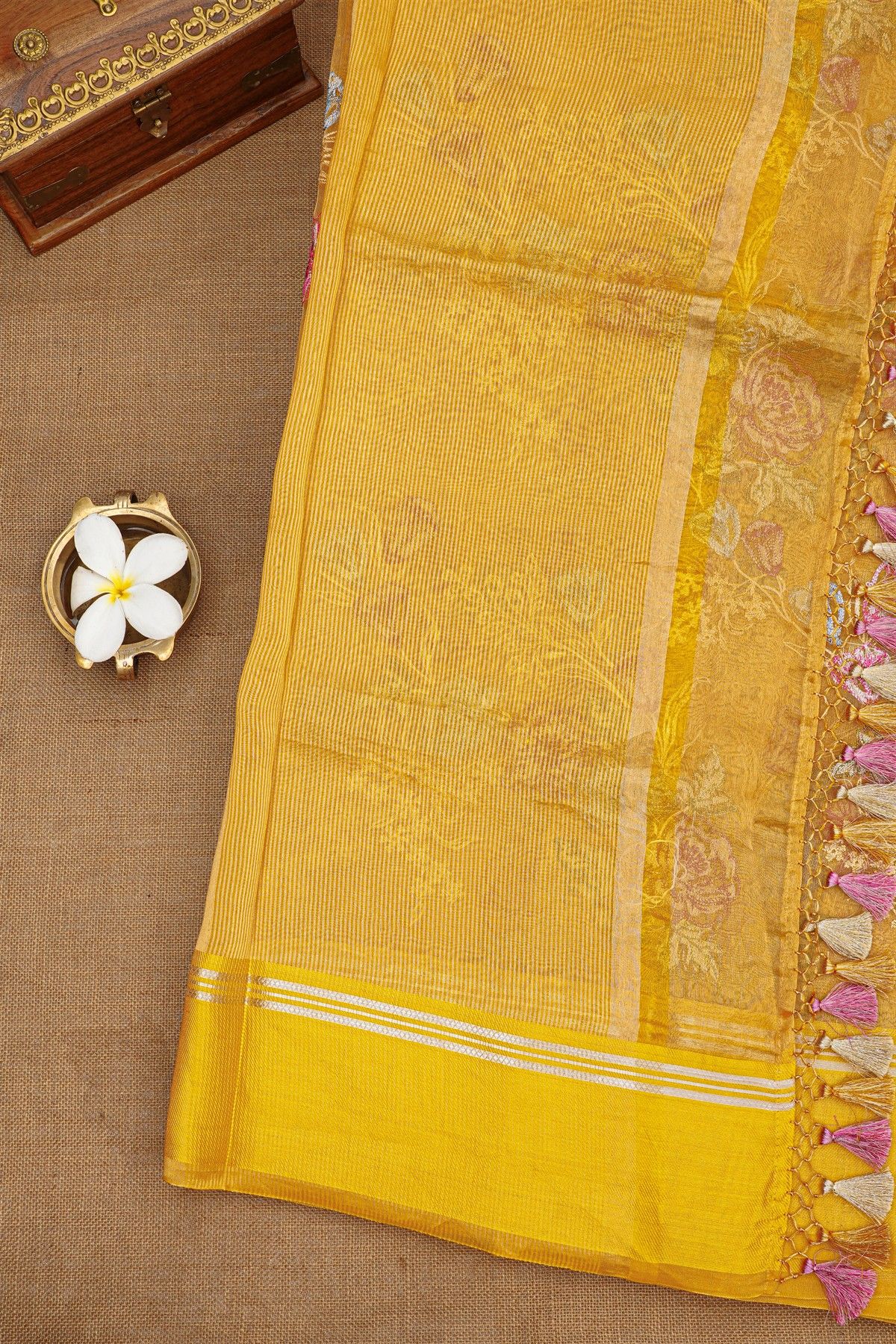 Fancy Kora Yellow Saree With Florals And Leaves In Thread Work Body And Self Cross Lines Border