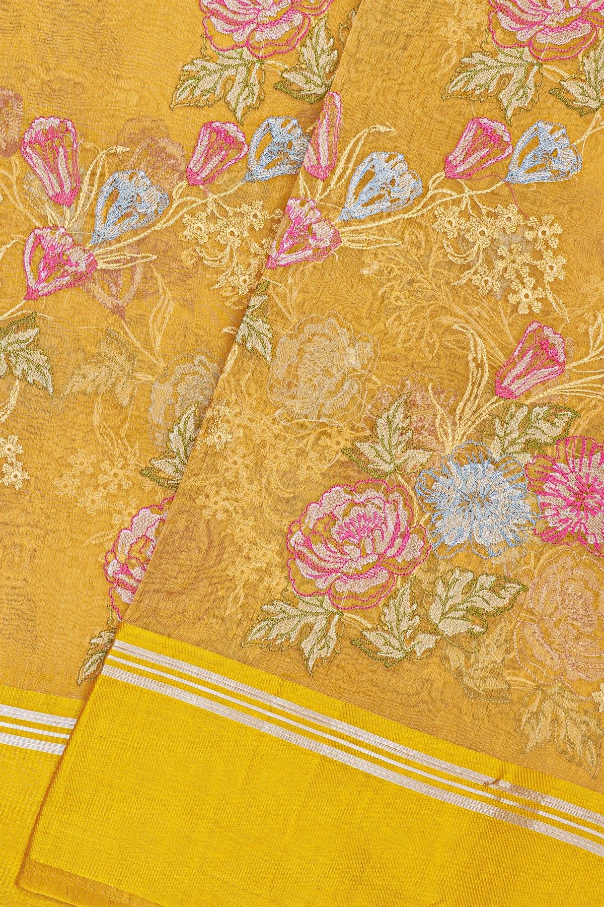 Fancy Kora Yellow Saree With Florals And Leaves In Thread Work Body And Self Cross Lines Border