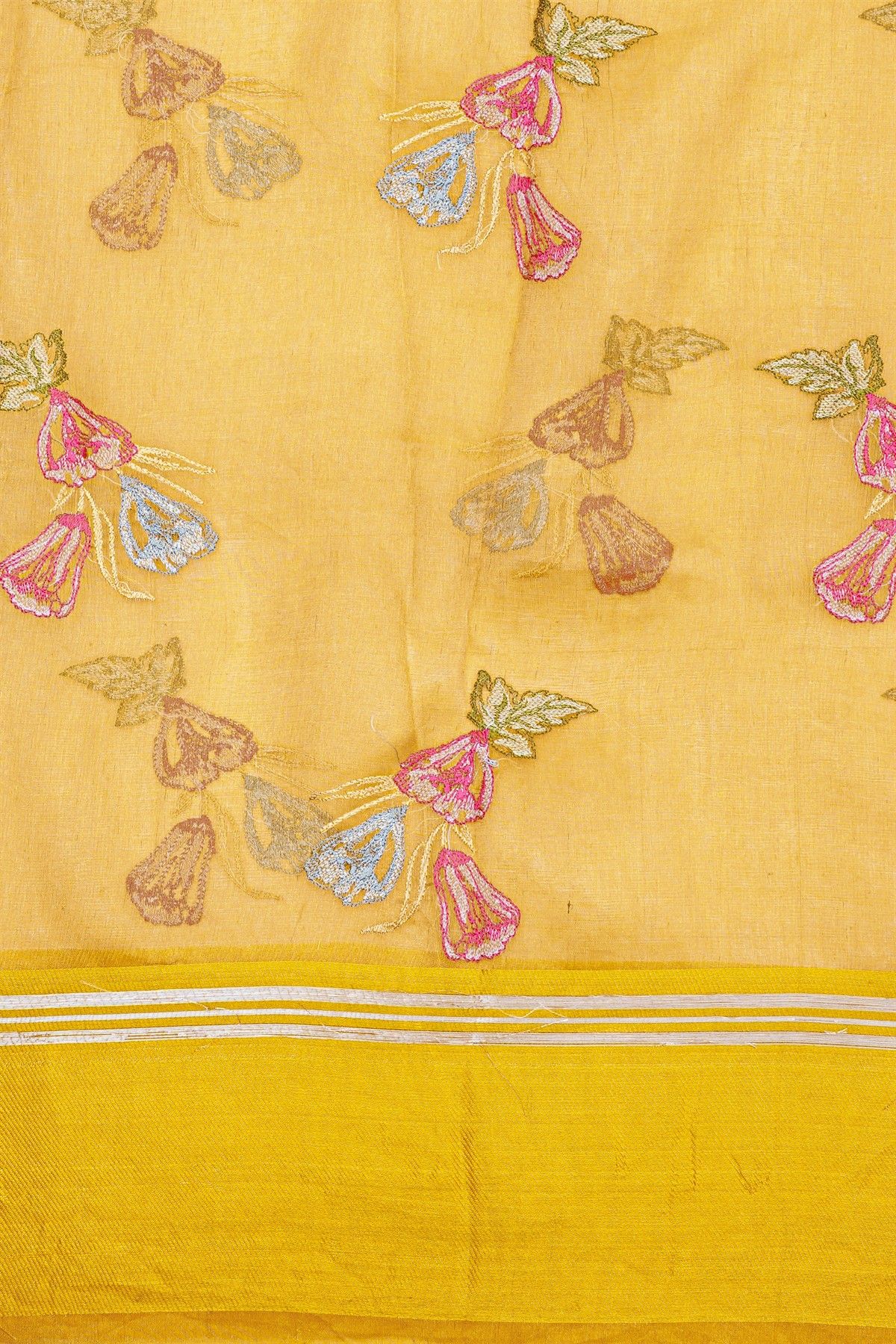 Fancy Kora Yellow Saree With Florals And Leaves In Thread Work Body And Self Cross Lines Border