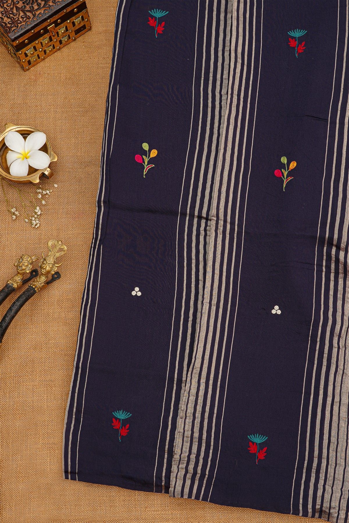 Fancy Tussar Black Saree With Lines And Florals Body And Kaddi Pallu