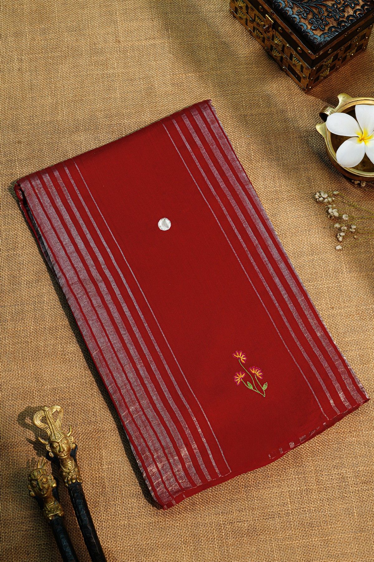 Fancy Tussar Red Saree With Lines And Florals Body And Kaddi Pallu