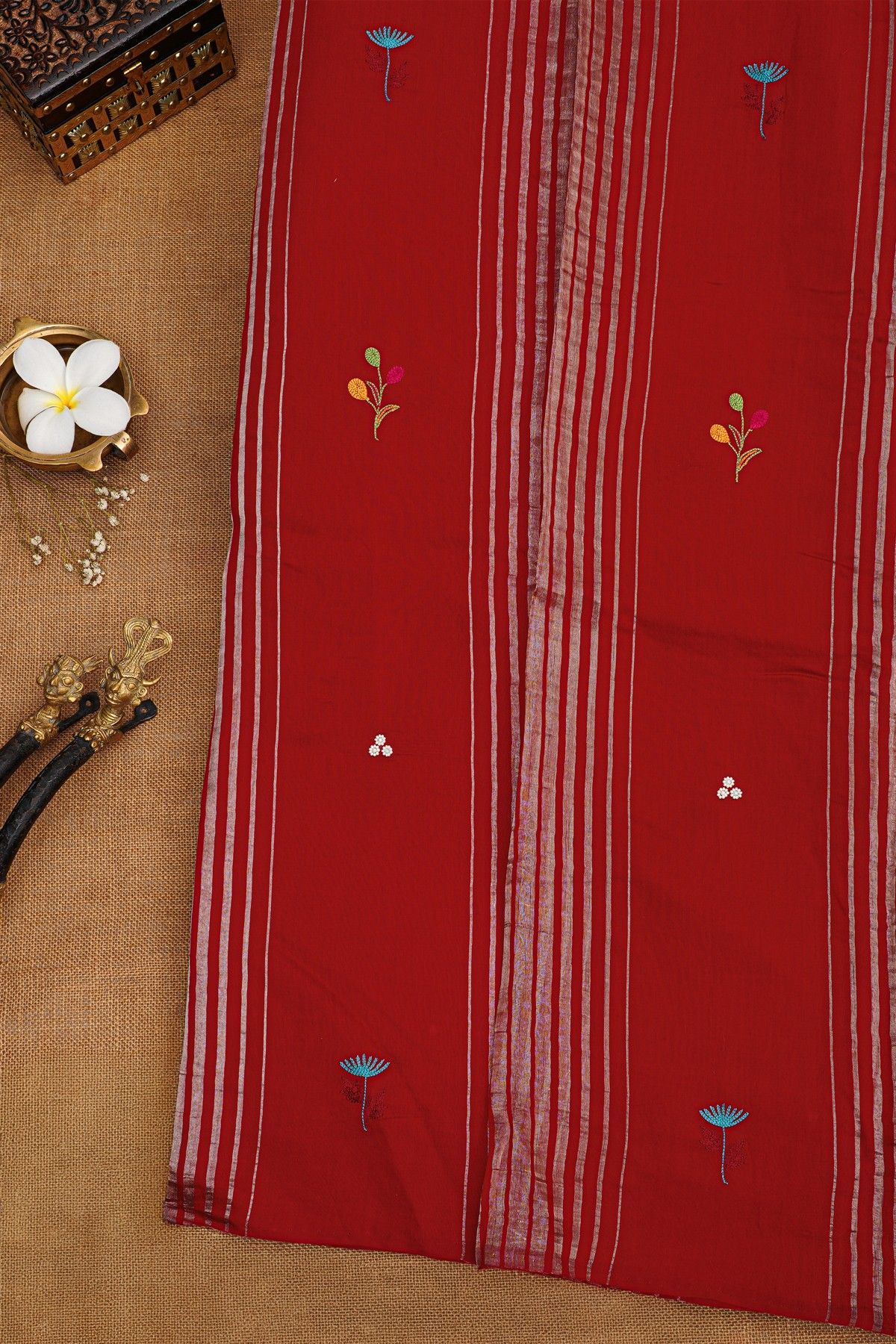 Fancy Tussar Red Saree With Lines And Florals Body And Kaddi Pallu
