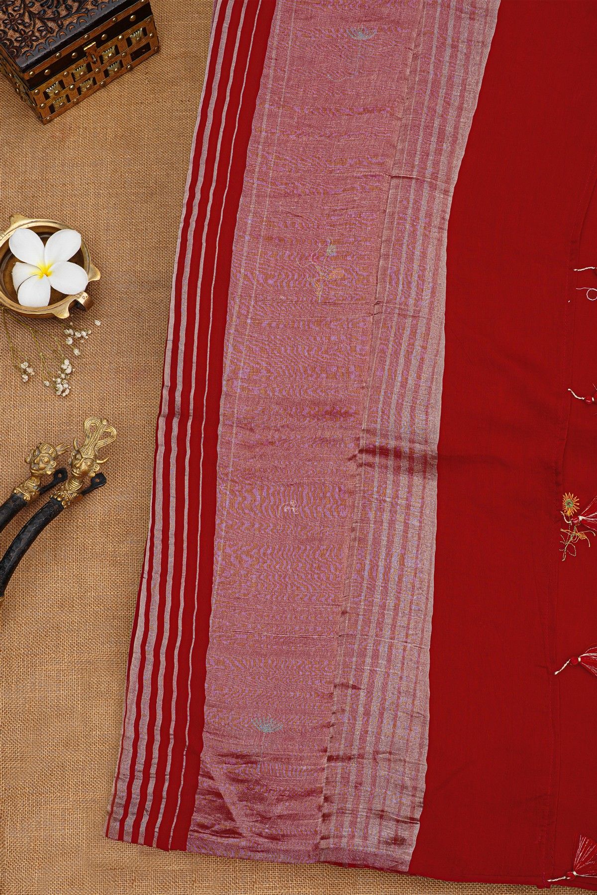 Fancy Tussar Red Saree With Lines And Florals Body And Kaddi Pallu