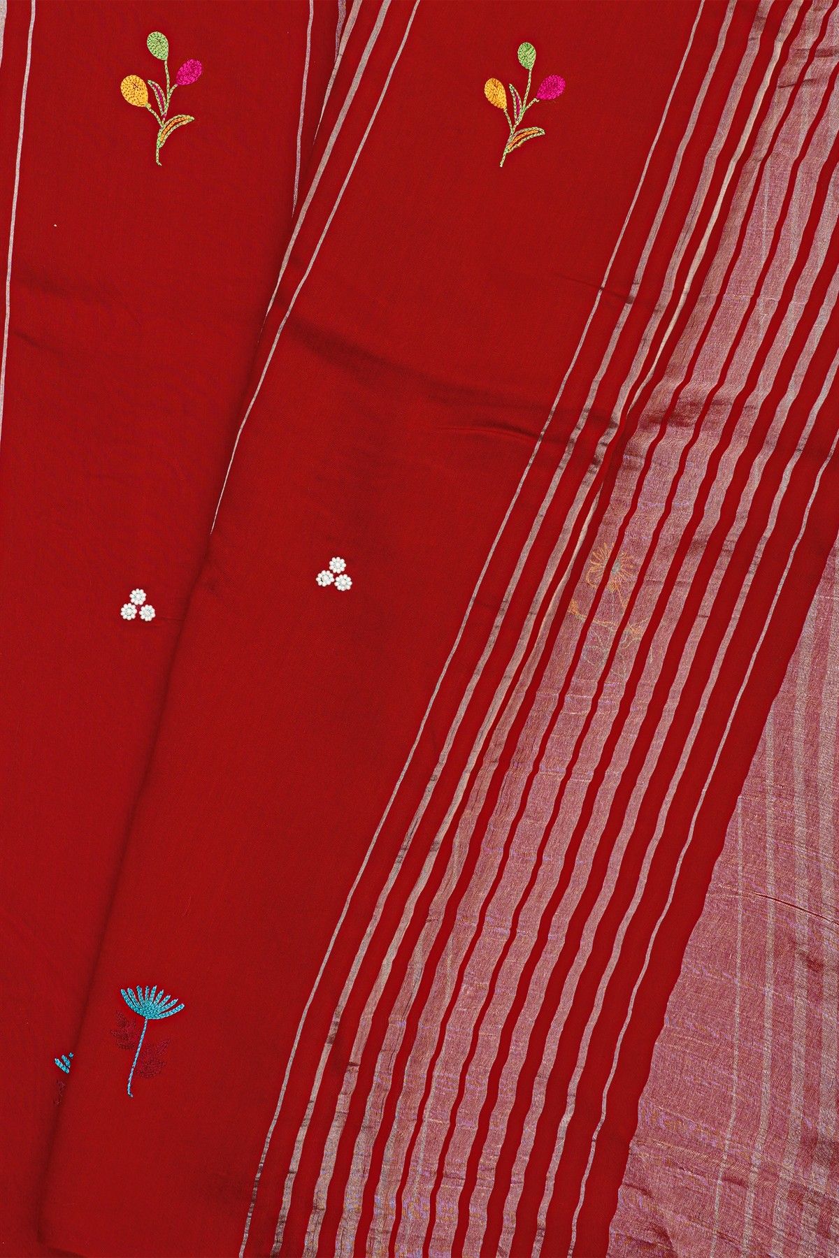 Fancy Tussar Red Saree With Lines And Florals Body And Kaddi Pallu