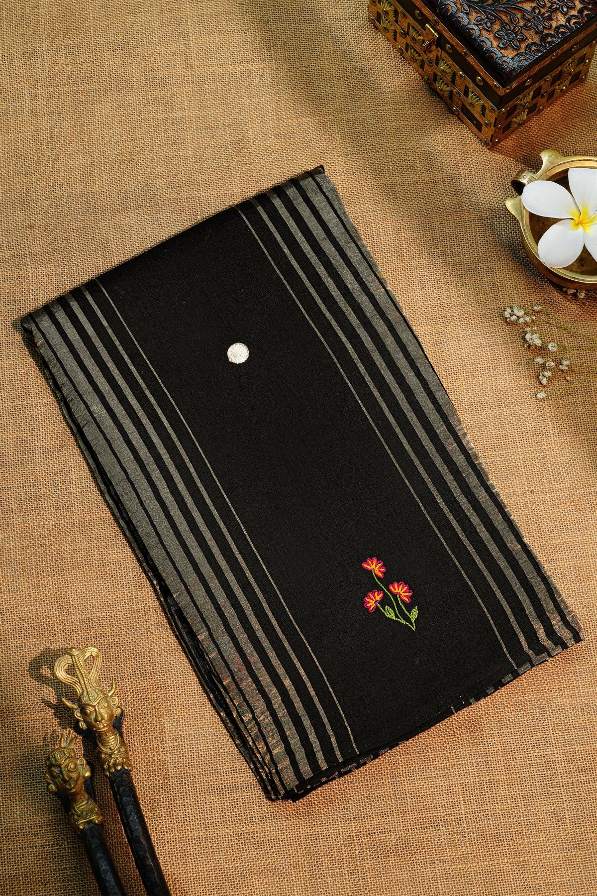 Fancy Tussar Black Saree With Lines And Florals Body And Kaddi Pallu