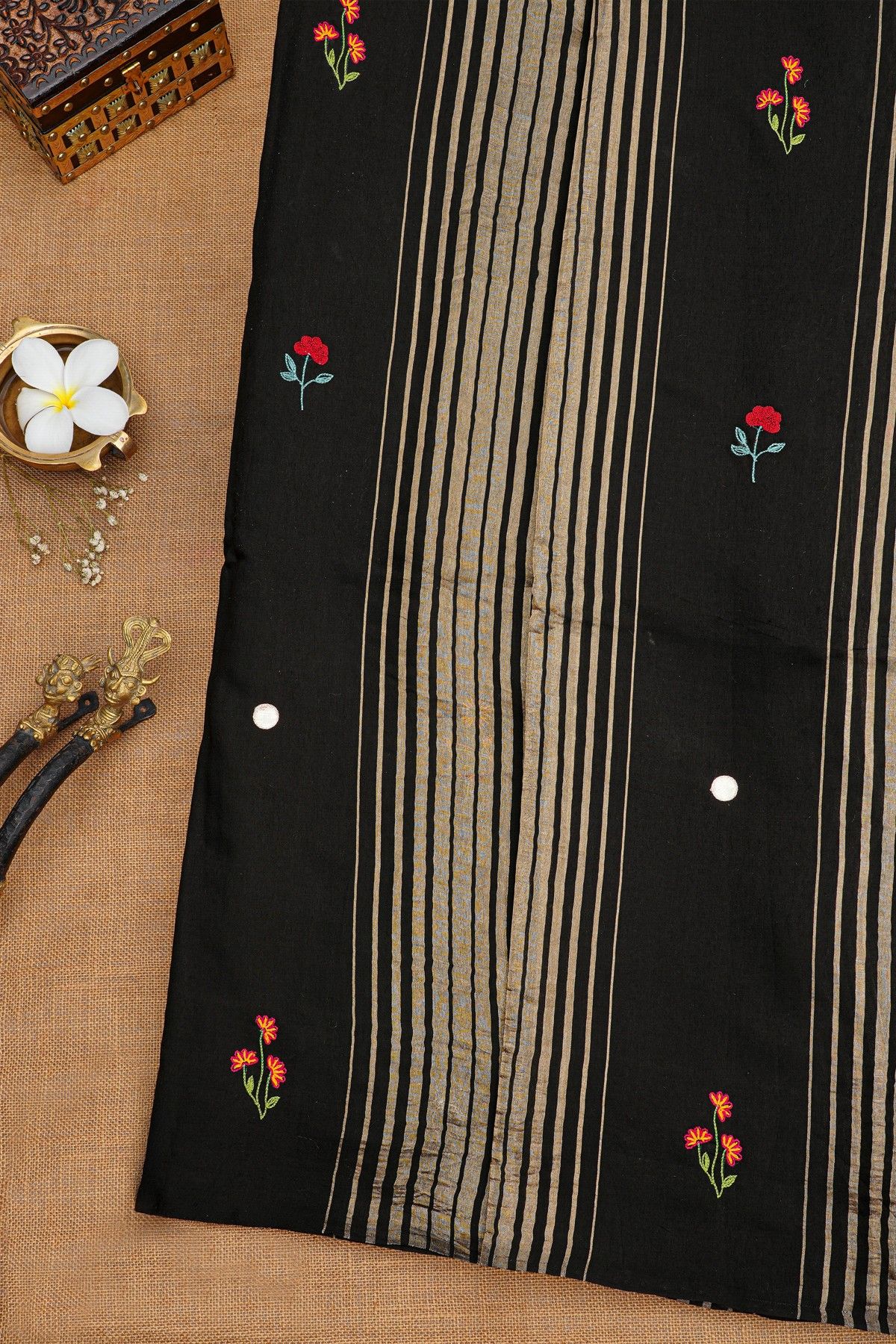 Fancy Tussar Black Saree With Lines And Florals Body And Kaddi Pallu
