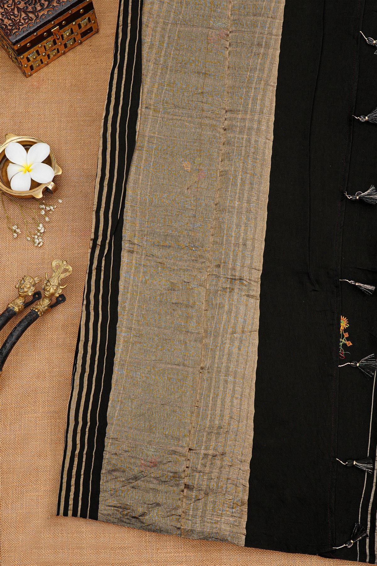 Fancy Tussar Black Saree With Lines And Florals Body And Kaddi Pallu