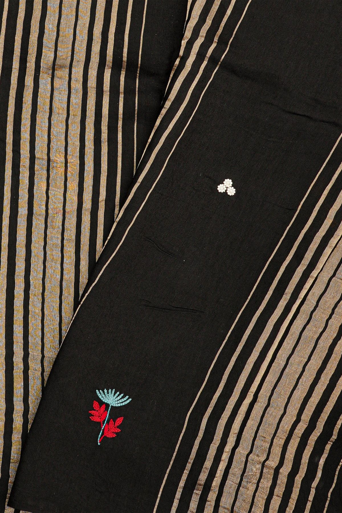 Fancy Tussar Black Saree With Lines And Florals Body And Kaddi Pallu