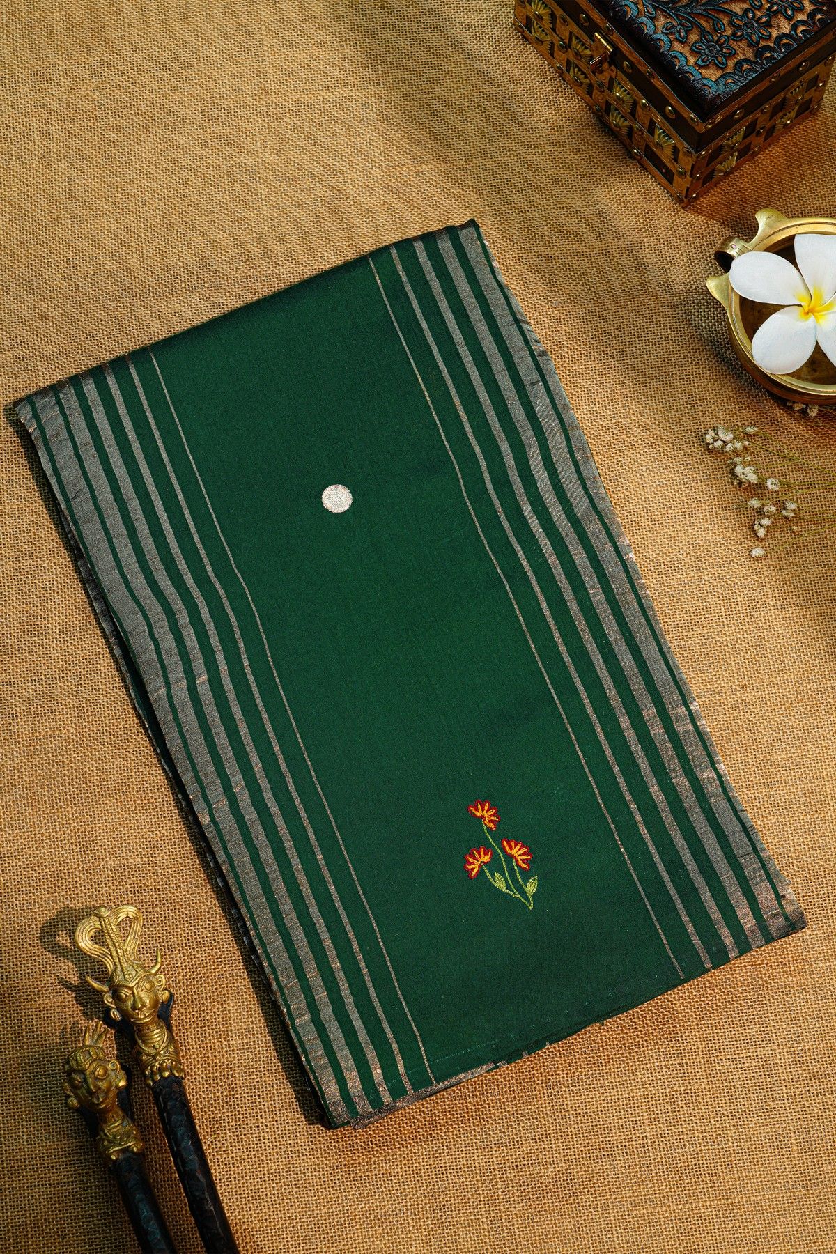 Fancy Tussar Bottle Green Saree With Lines And Florals Body And Kaddi Pallu