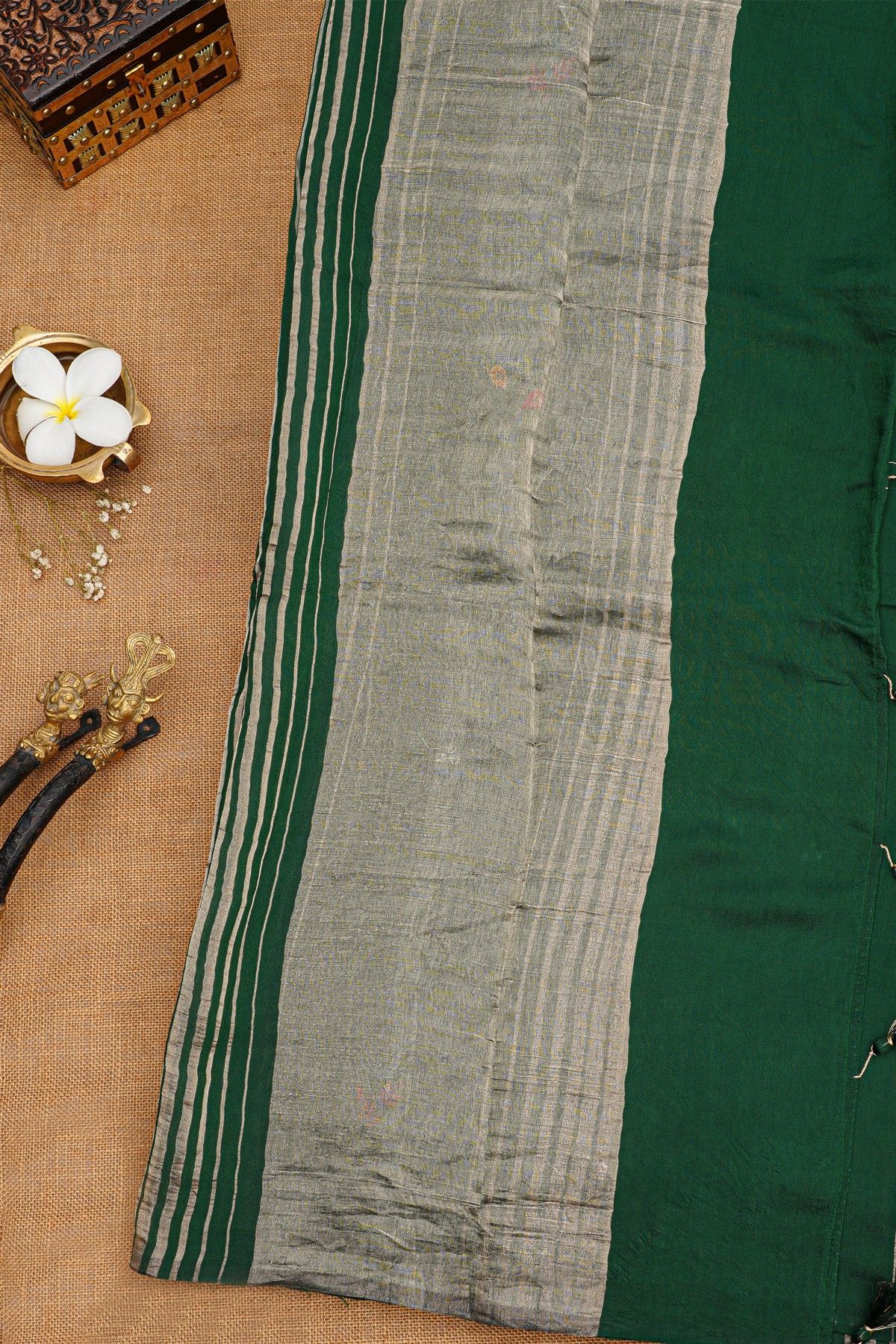 Fancy Tussar Bottle Green Saree With Lines And Florals Body And Kaddi Pallu