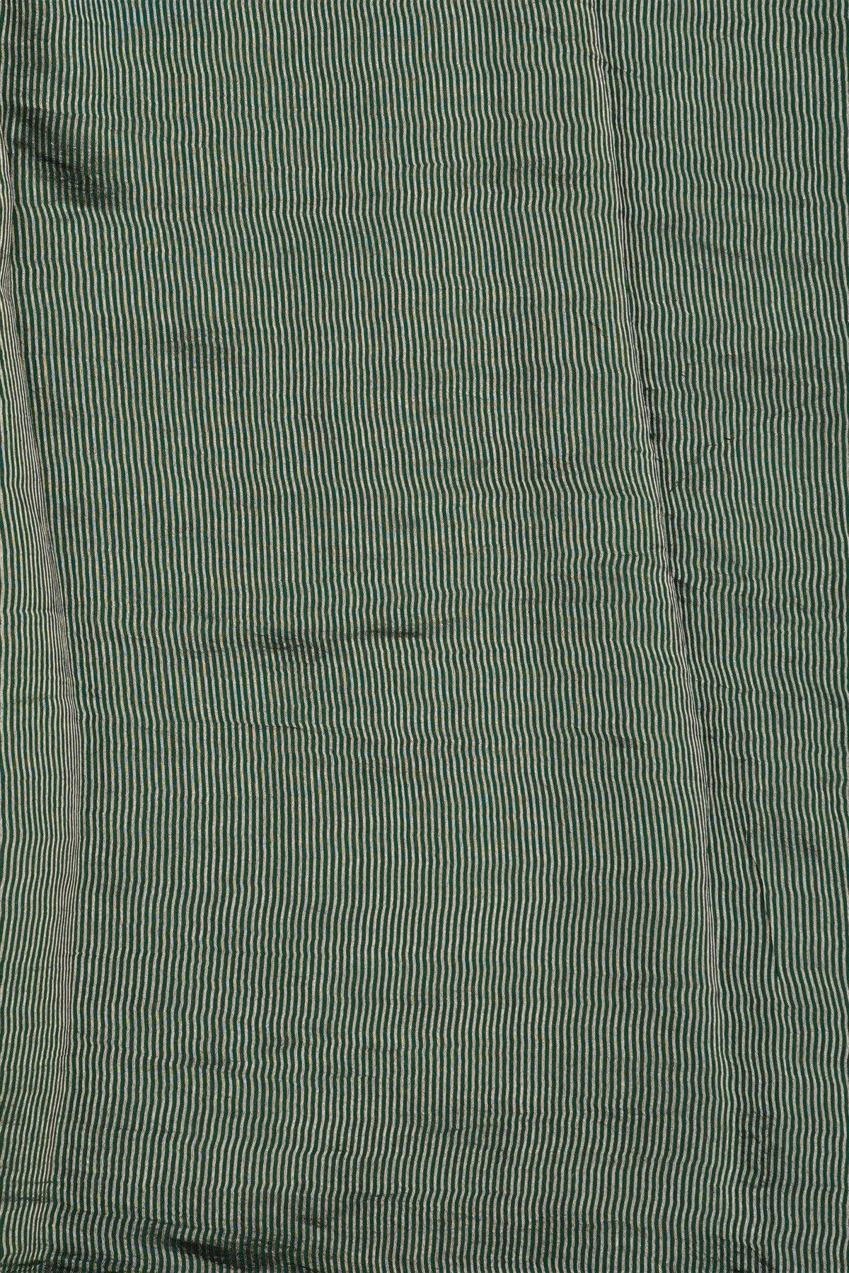 Fancy Tussar Bottle Green Saree With Lines And Florals Body And Kaddi Pallu