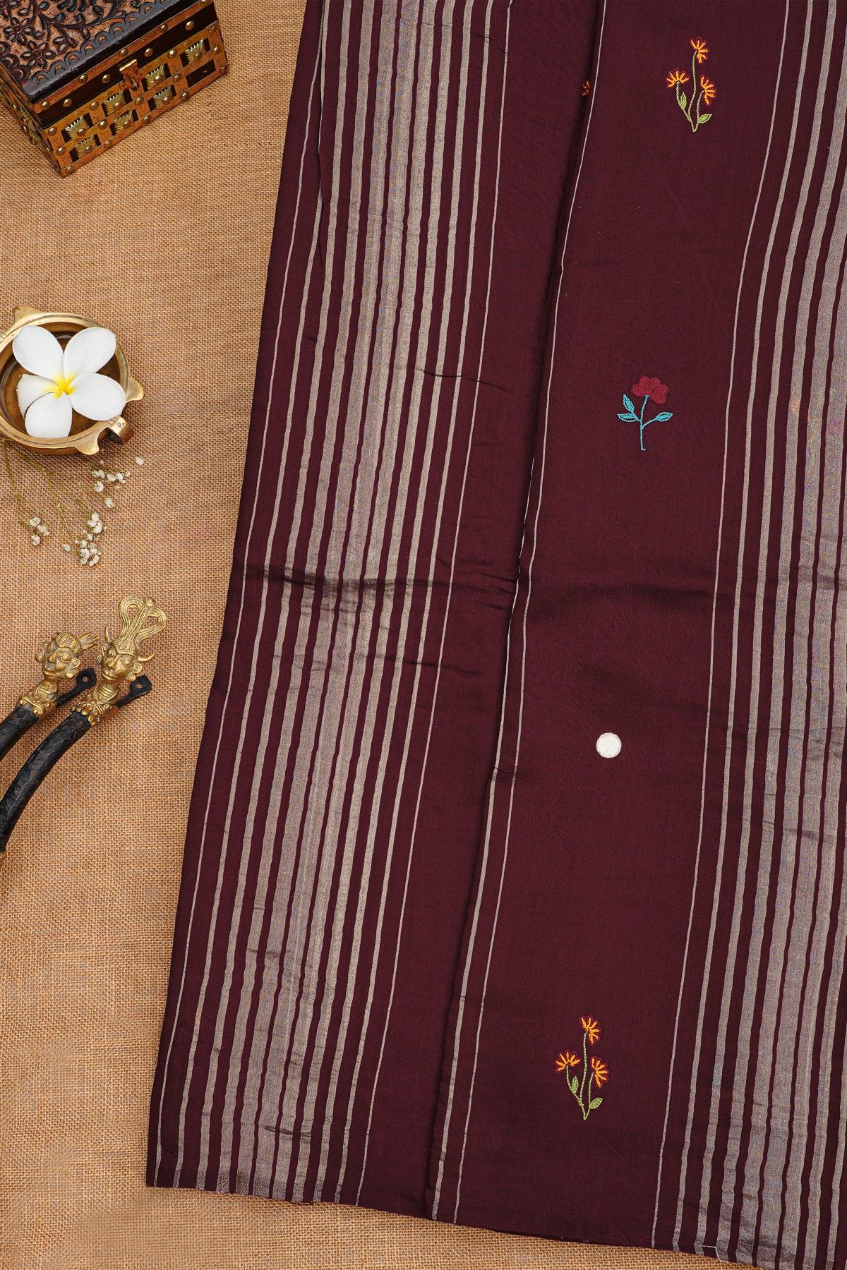Fancy Tussar Wine Saree With Lines And Florals Body And Kaddi Pallu