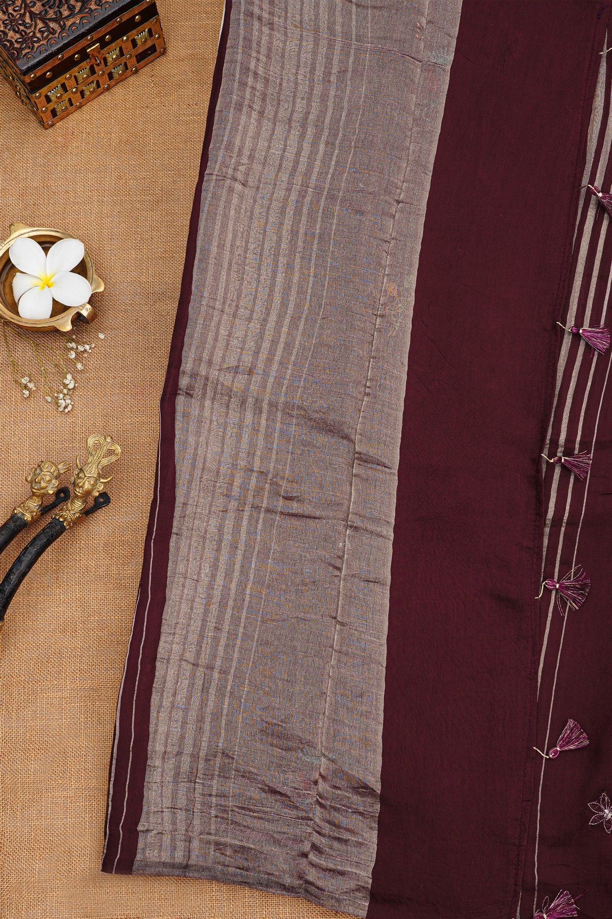 Fancy Tussar Wine Saree With Lines And Florals Body And Kaddi Pallu