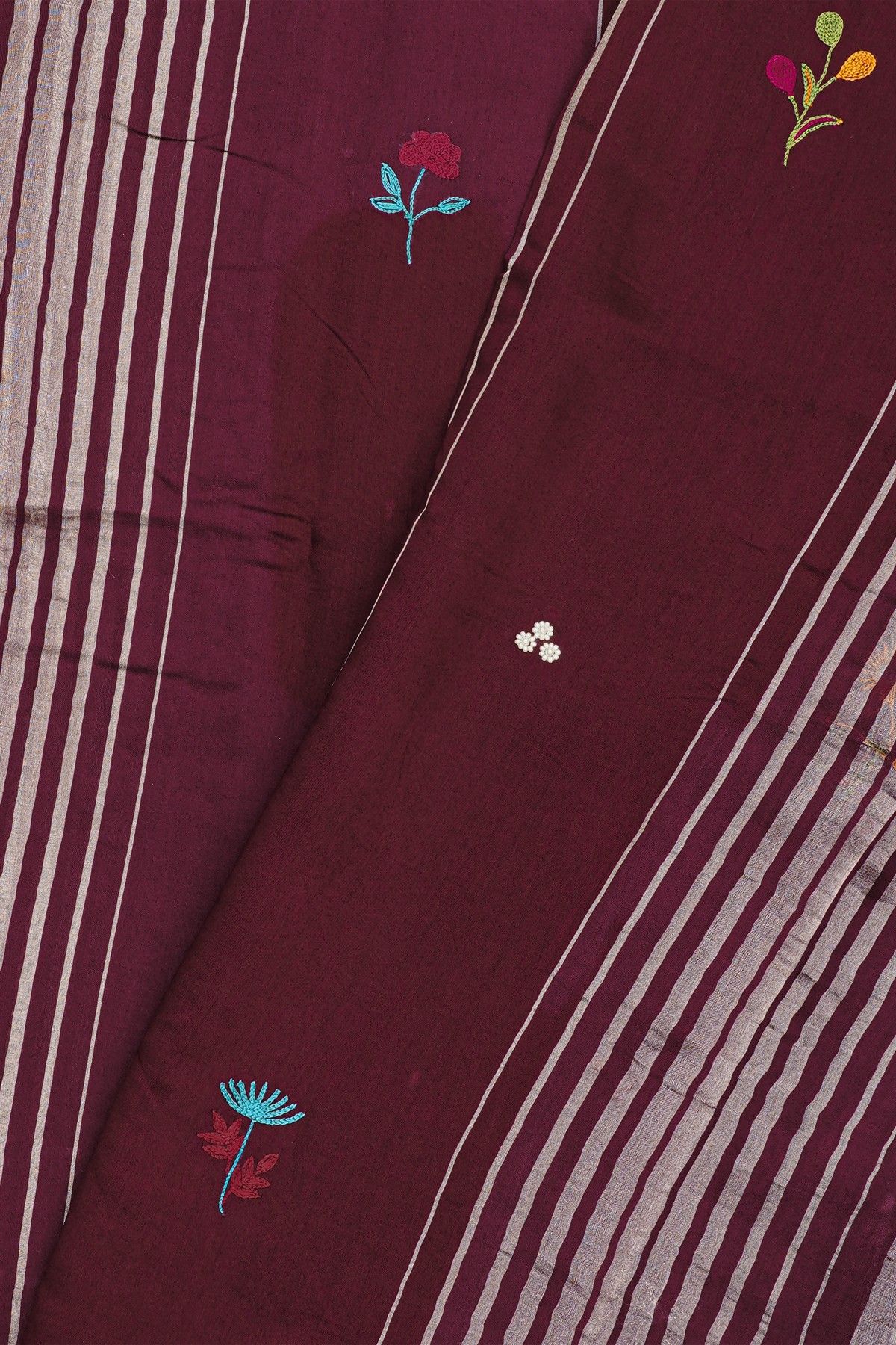 Fancy Tussar Wine Saree With Lines And Florals Body And Kaddi Pallu
