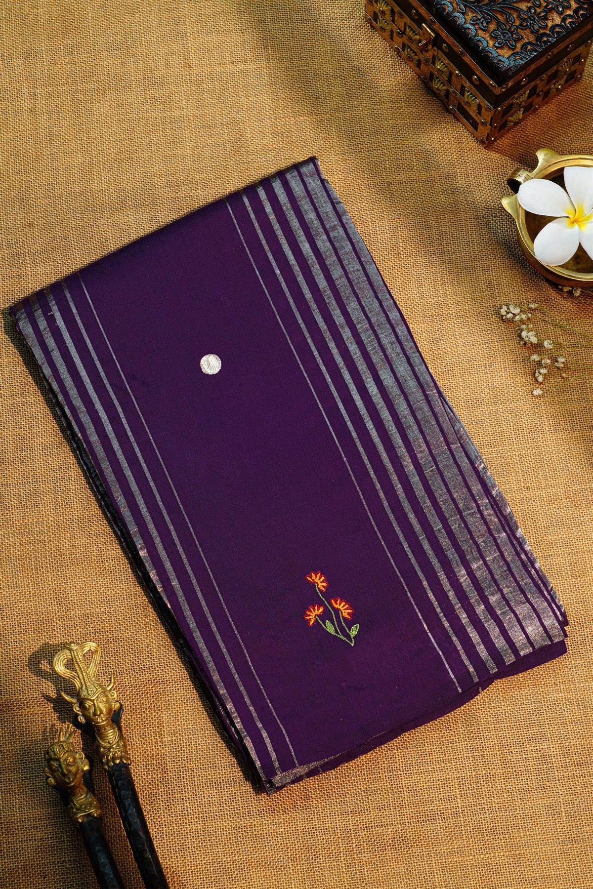Fancy Kora Navy Blue Saree With Lines And Florals Body And Kaddi Pallu