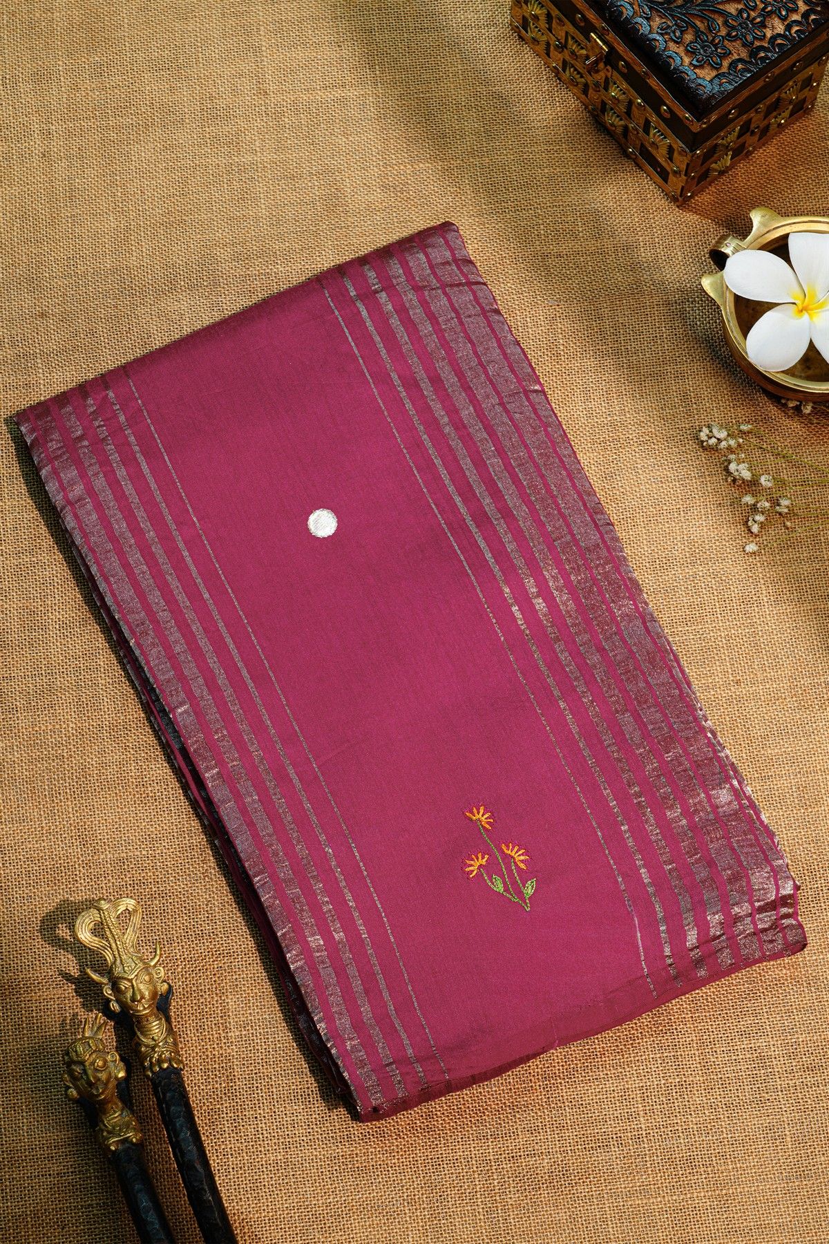 Fancy Tussar Magenta Saree With Lines And Florals Body And Kaddi Pallu