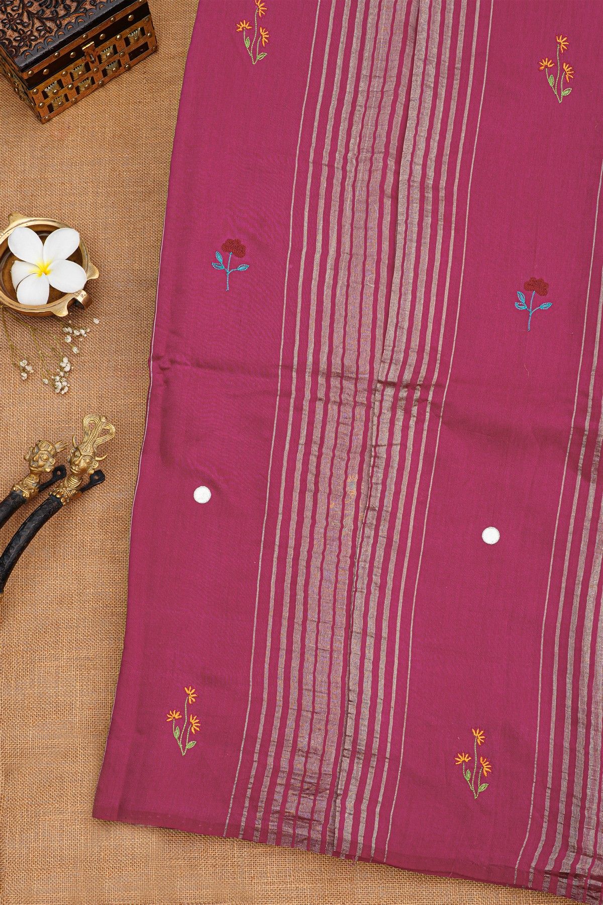 Fancy Tussar Magenta Saree With Lines And Florals Body And Kaddi Pallu