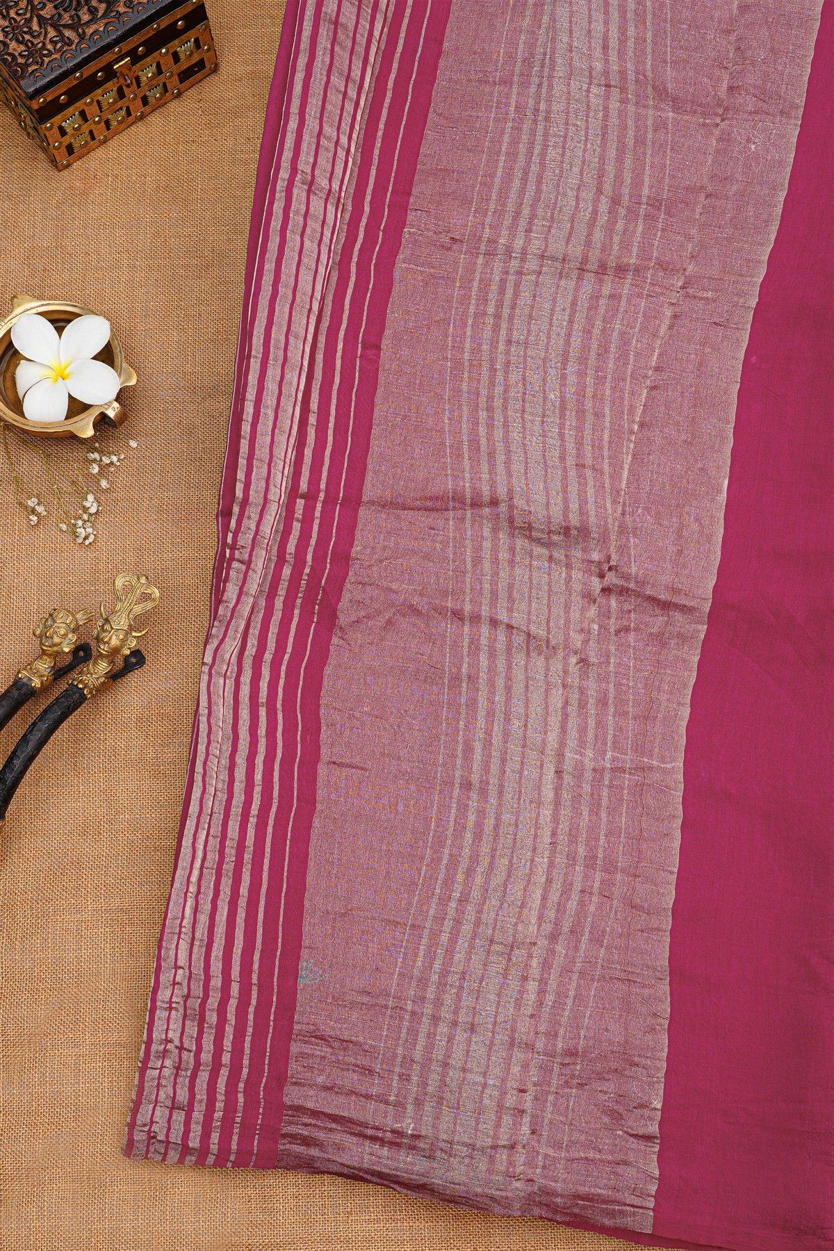 Fancy Tussar Magenta Saree With Lines And Florals Body And Kaddi Pallu