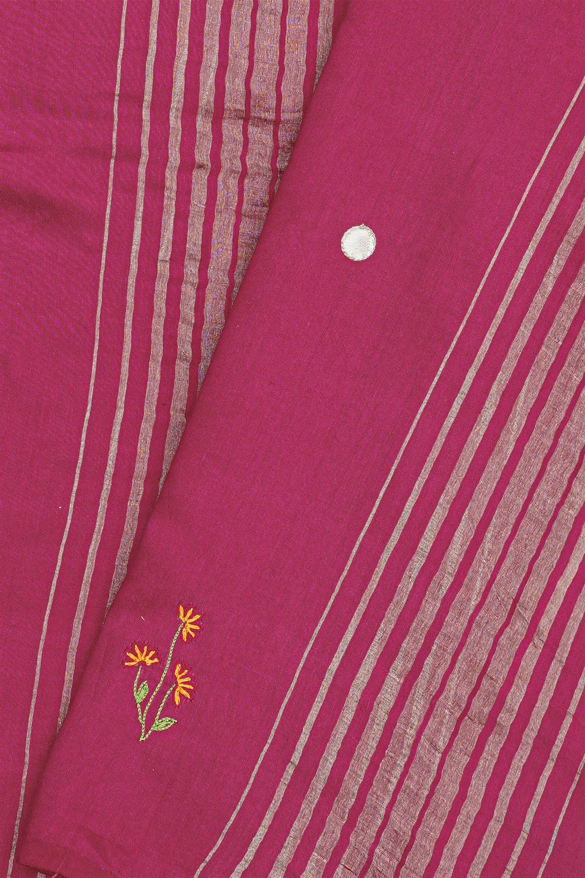 Fancy Tussar Magenta Saree With Lines And Florals Body And Kaddi Pallu