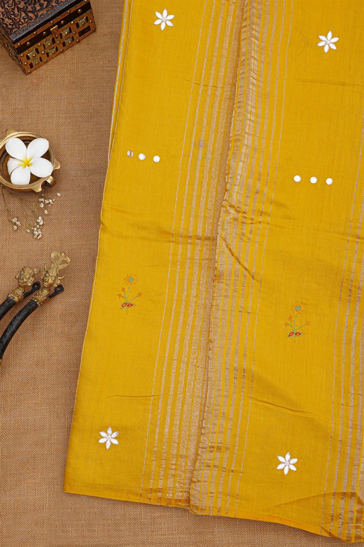 Fancy Tussar Yellow Saree With Lines And Florals Body And Kaddi Pallu