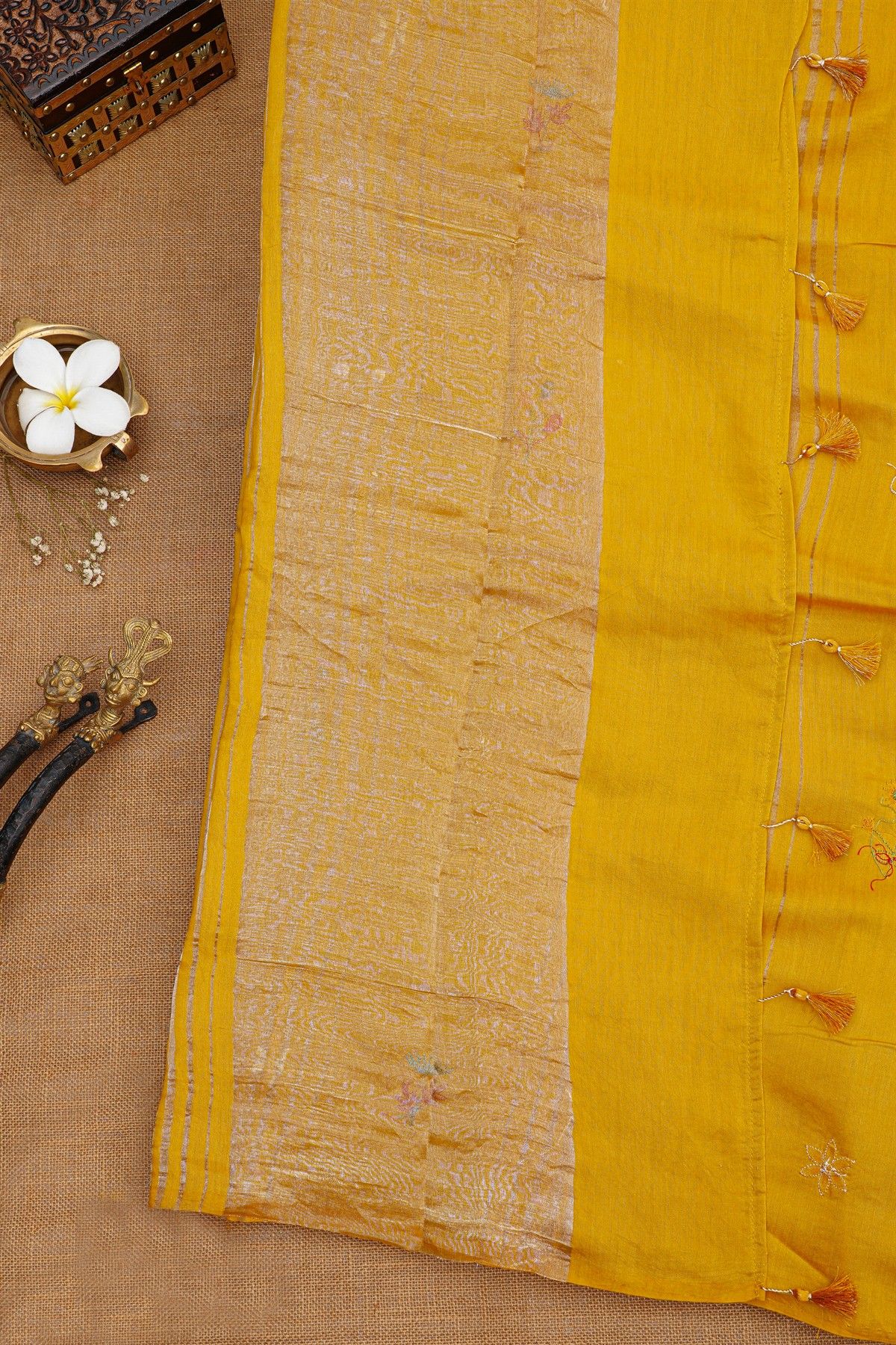 Fancy Tussar Yellow Saree With Lines And Florals Body And Kaddi Pallu