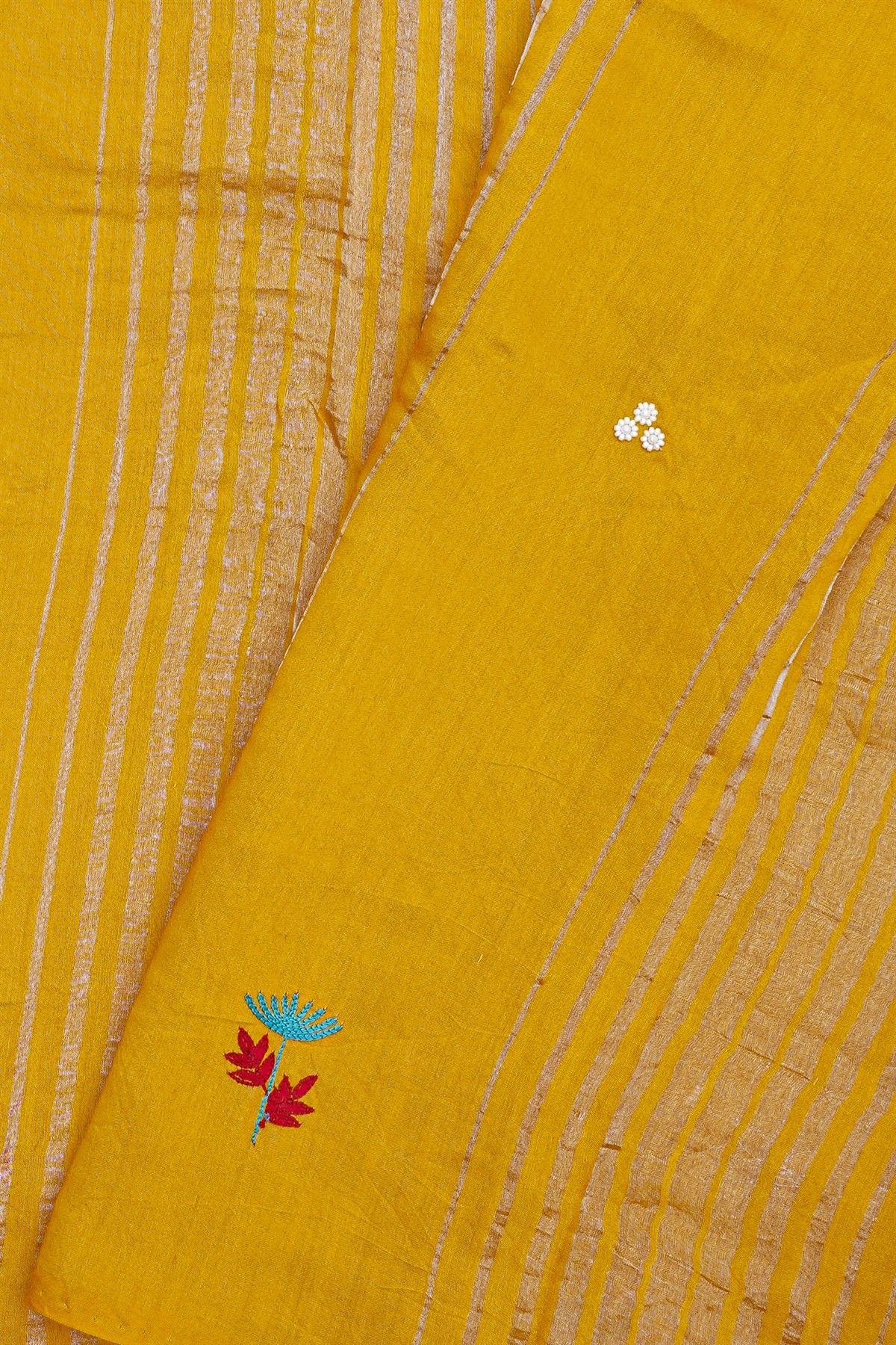 Fancy Tussar Yellow Saree With Lines And Florals Body And Kaddi Pallu