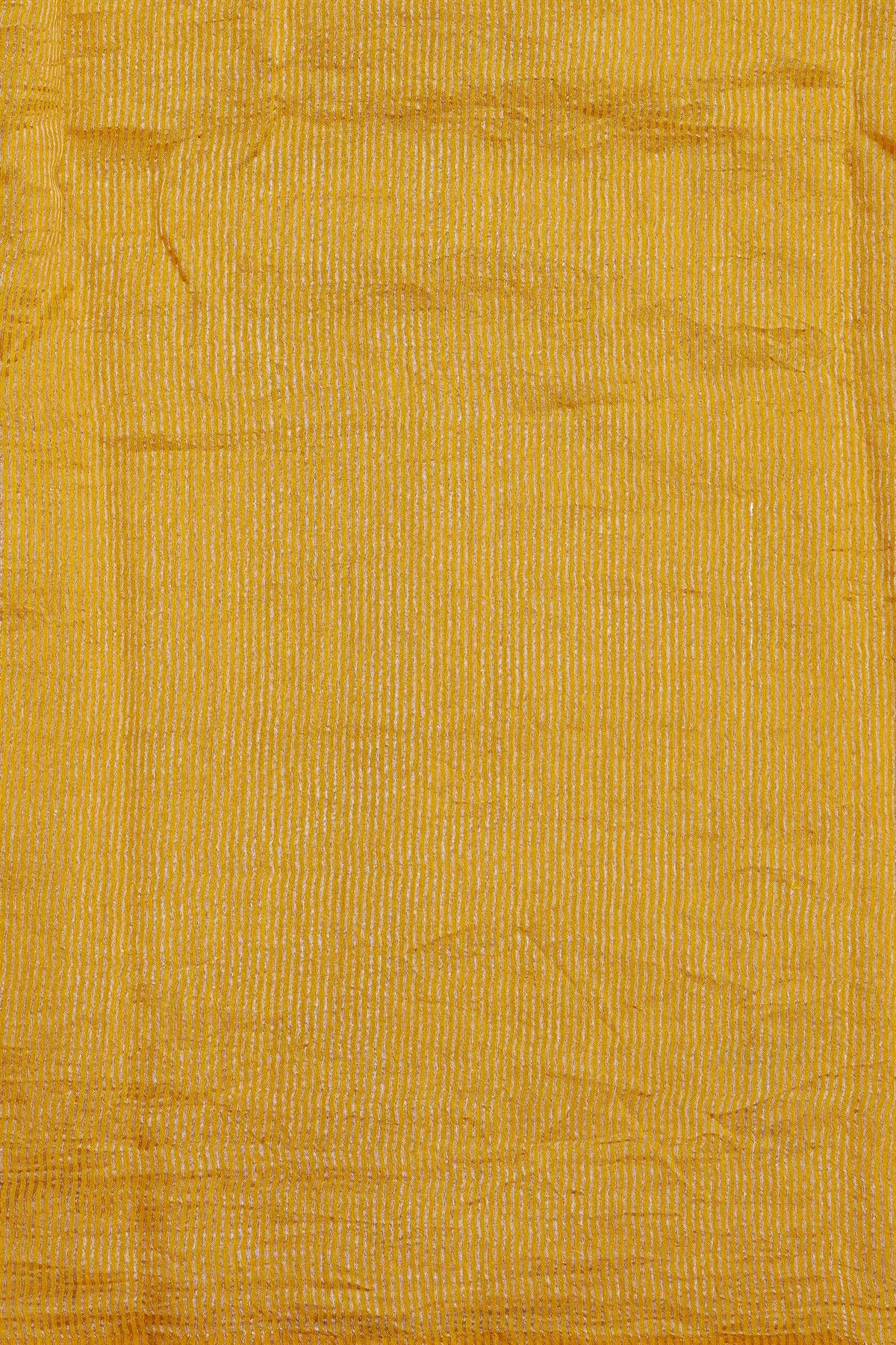 Fancy Tussar Yellow Saree With Lines And Florals Body And Kaddi Pallu