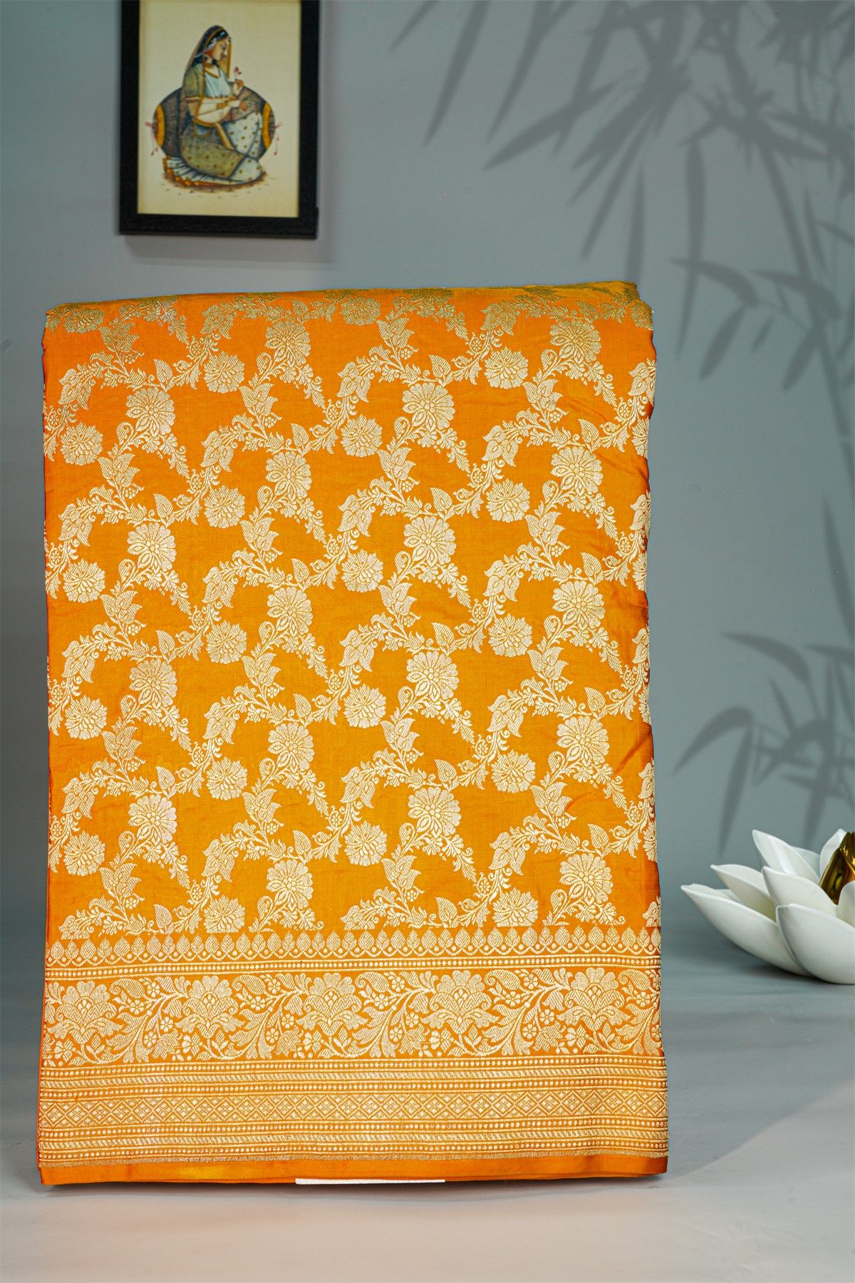 Banarasi Silk Mustard Yellow Saree With All Over Leafs Jaal