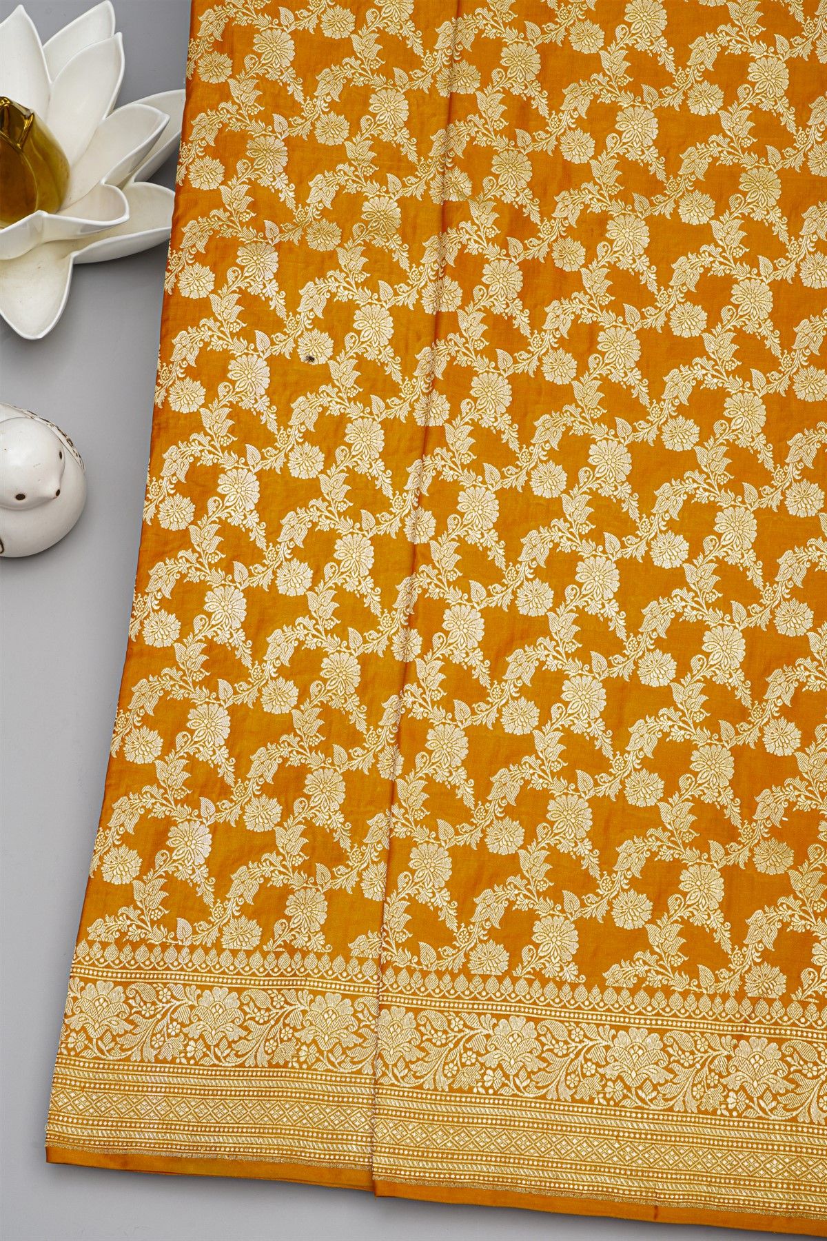 Banarasi Silk Mustard Yellow Saree With All Over Leafs Jaal