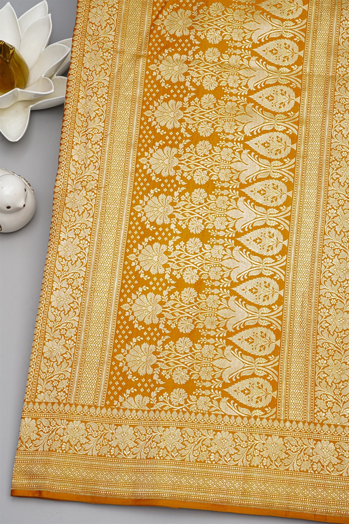 Banarasi Silk Mustard Yellow Saree With All Over Leafs Jaal