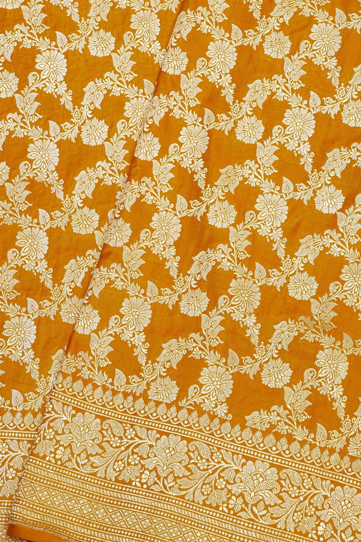 Banarasi Silk Mustard Yellow Saree With All Over Leafs Jaal