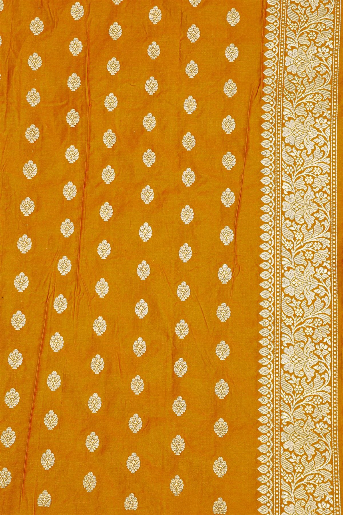 Banarasi Silk Mustard Yellow Saree With All Over Leafs Jaal