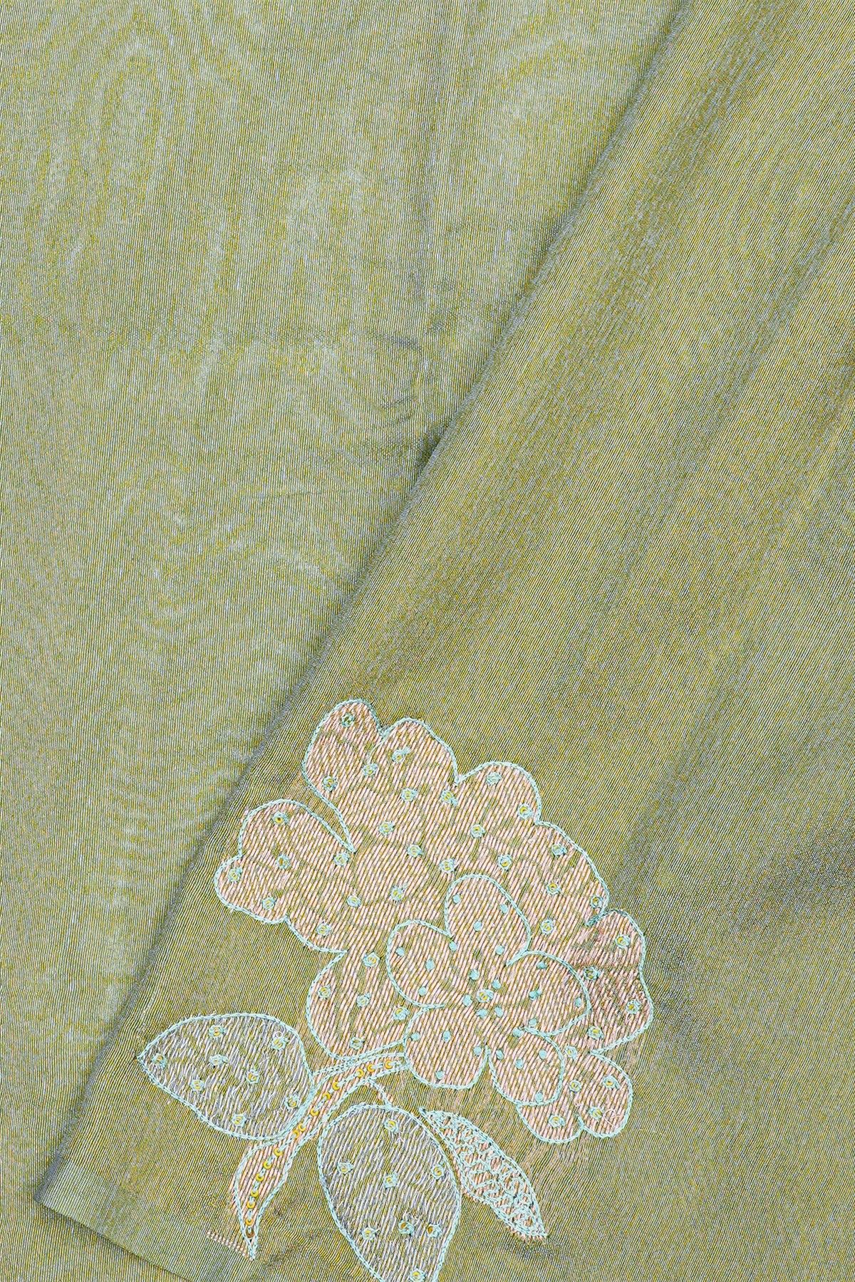 Fancy Tussar Dual Colour Saree With Florals And Leaves In Thread Work Body And Floral Brocade Pallu