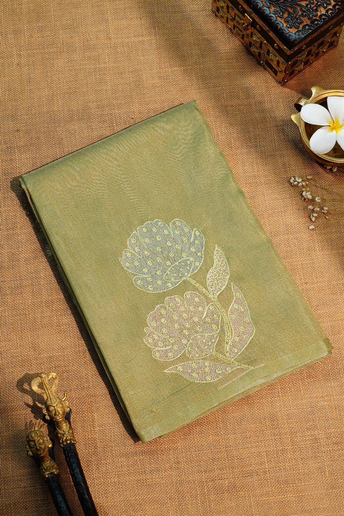 Fancy Tussar Pista Green Saree With Florals And Leaves In Thread Work Body And Floral Brocade Pallu