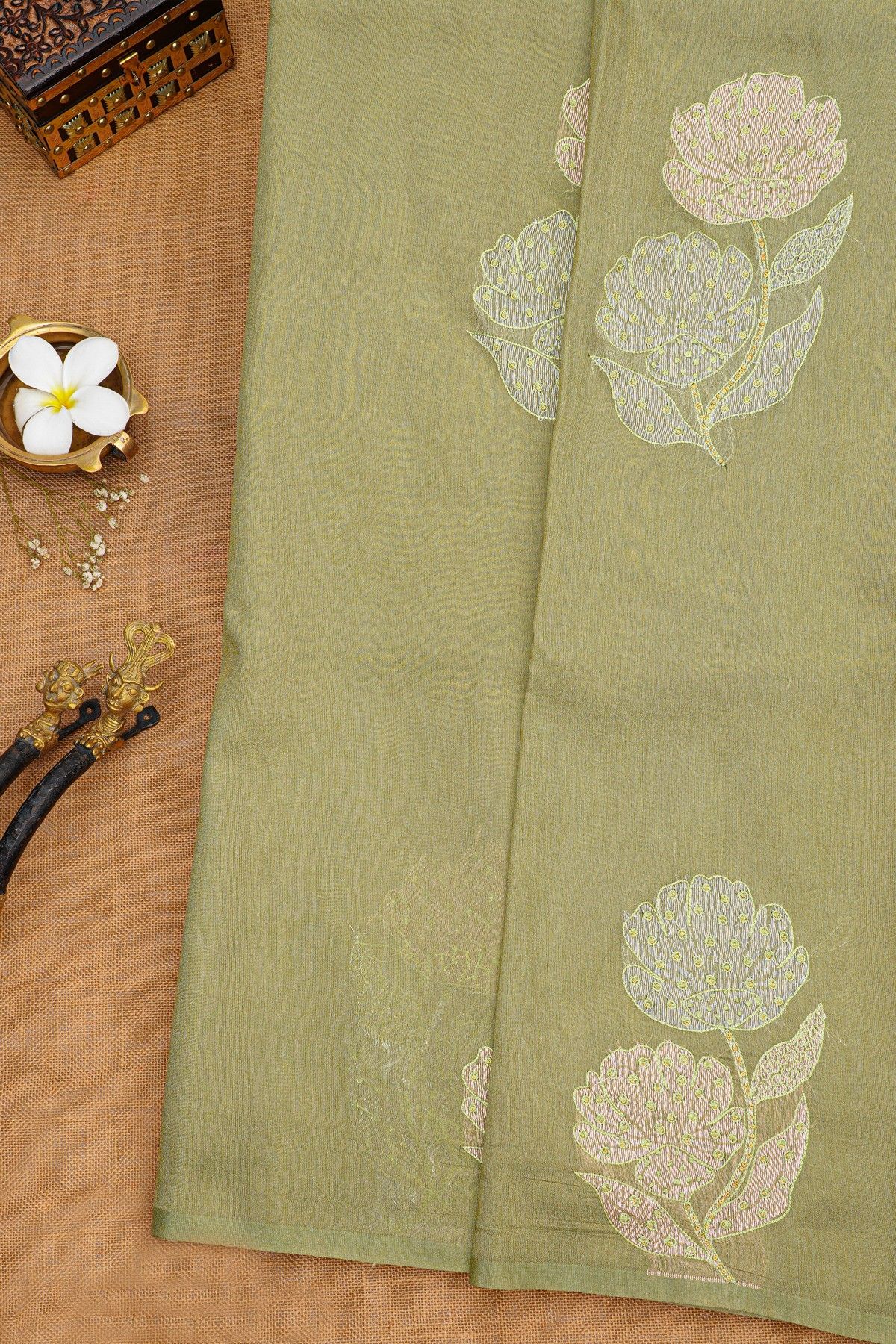 Fancy Tussar Pista Green Saree With Florals And Leaves In Thread Work Body And Floral Brocade Pallu