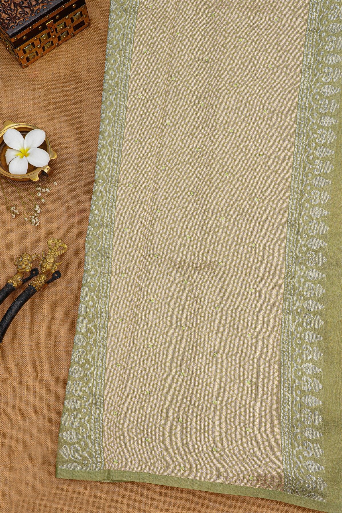 Fancy Tussar Pista Green Saree With Florals And Leaves In Thread Work Body And Floral Brocade Pallu